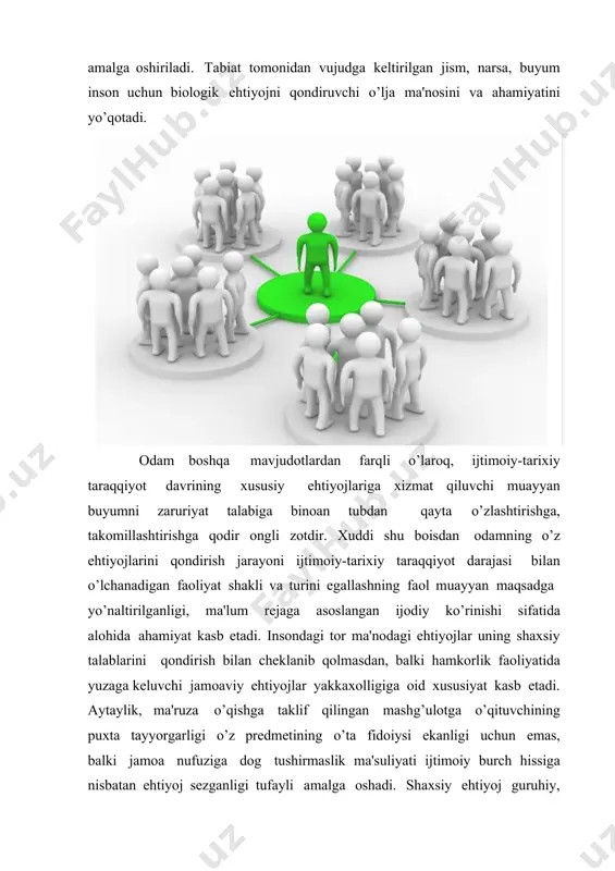 ojlarni yuzaga keltiradi. madaniy ehtiyojlar to’g’risida mulohaza yuritilganda uning ijtimoiy ildizlari kishilik tarixining dastlabki manbalari bilan uzviy bog’lanib ketishini ta'kidlab o’tish lozim. lekin tabiiy ehtiyojlar madaniy ehtiyojlar bilan o’zaro uyg’unlashgan bo’lib, birinchisi ikkinchisini taqozo etadi. chunki ular bir-birining negizidan kelib chiqadi. xuddi shu boisdan madaniy ehtiyojlar ob'ektiga tabiiy ehtiyojlarini qondiruvchi uy- ro’zg’or buyumlari, mehnat faoliyati orqali boshqa kishilar bilan boqlanish vositalari, madaniy aloqalar o’rnatish usullari, shaxslararo muomalaga kirishish uslublari, ijtimoiy turmush zaruriyatiga aylangan narsalar, o’qish va tajriba orttirish yo’llari kiradi. odatda jamiyatda ta'lim va tarbiya tizimini egallash, xalq an'analari, marosimlari, bayramlari, odatlari rasm-rusumlari, xulq-atvor ko’nikmalarini o’zlashtirish jarayonida rangbarang madaniy ehtiyojlar vujudga keladi, yangicha ma'no kasb eta boshlaydi. yuqorida ta'kidlab o’tganimizdek, tabiiy ehtiyojlar qondirilmasa, ular insonni halokat yoqasiga etaklaydi, biroq madaniy ehtiyojlarning qondirilmasligi unday oqibatlarga olib kelmaydi, uning kamolotini sekinlashtiradi. psixologiya fanida ehtiyojlar o’z predmetining xususiyatiga ko’ra moddiy va ma'naviy turlarga ajratiladi, ularni keltirib chiqaruvchi mexanizmlar manbai turlicha ekanligi e'tirof etiladi. …