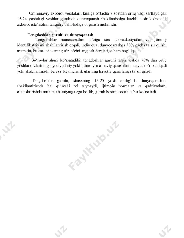 dunyoqarash tengdoshlar munosabatlari, oʻziga xos submadaniyatlar va ijtimoiy identifikatsiyani shakllantirish orqali, individual dunyoqarashga 30% gacha ta’sir qilishi mumkin, bu esa shaxsning oʻz-oʻzini anglash darajasiga ham bogʻliq. soʻrovlar shuni koʻrsatadiki, tengdoshlar guruhi ta’siri ostida 70% dan ortiq yoshlar oʻzlarining siyosiy, diniy yoki ijtimoiy-ma’naviy qarashlarini qayta koʻrib chiqadi yoki shakllantiradi, bu esa keyinchalik ularning hayotiy qarorlariga ta’sir qiladi. tengdoshlar guruhi, shaxsning 15-25 yosh oraligʻida dunyoqarashini shakllantirishda hal qiluvchi rol oʻynaydi, ijtimoiy normalar va qadriyatlarni oʻzlashtirishda muhim ahamiyatga ega boʻlib, guruh bosimi orqali ta’sir koʻrsatadi. 📌xulosa жамиятнинг ижтимоий муҳити шахснинг дунёқараши шаклланишида муҳим роль ўйнайди, бунда оила, таълим, оммавий ахборот воситалари ва тенгдошлар гуруҳининг таъсири алоҳида аҳамиятга эга. дунёқарашнинг шаклланиши узоқ муддатли жараён бўлиб, у доимий равишда ривожланиб боради. 📚foydalanilgan adabiyotlar 1. bandura, a. (1986). sotsial kognitiv nazariya. (social cognitive theory) 2. bronfenbrenner, u. (1979). ekologik tizim nazariyasi: inson rivojlanishining ekologik yondashuvi. (ecological systems theory: an ecological approach to human development) 3. markus, …