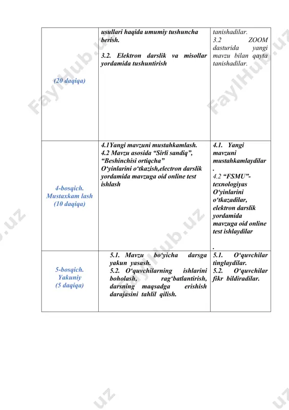 m – lms elektron tizimining yuzaga kelishiga zamin yaratildi. lms bu – bilim olish faoliyatini tashkil etish va boshqarish uchun mo‘ljallangan videodars, ma’ruza materiallari, taqdimot, kitob kabi o‘quv materiallari majmuasidan iborat muloqot rejimida ishlay oladigan inson-mashina majmuasi yoki masofaviy ta’lim shakli. learning (o‘qitish)– lms yordamida elektron kurs yoki o‘quv materiallarining yagona bazasini yaratish mumkin. bunday baza mavzu bo‘yicha shakllantirilgan bilimlar omboridir. 389 management (boshqaruv)– ta’limni administrator (yoki kursni tashkil etuvchi o‘qituvchi) boshqarib boradi. u o‘quvchilar uchun kurs, topshiriq va testlarni belgilab beradi hamda uy vazifalari bajarilishini nazorat qilib boradi. system (elektron tizim) lms o‘qituvchining o‘rniga har bir o‘quvchi berilgan topshiriq yoki testni qancha vaqtda va qanday topshirganini tekshirib, qayd etib boradi. hisobotlar orqali o‘quvchilarning o‘zlashtirish darajasini kuzatib borishi ham mumkin. lms interfeysi zamonaviy axborot-kommunikatsiya va raqamli texnologiyalarga asoslangan ta’lim tizimi bo‘lib, ta’lim beruvchi va ta’lim oluvchi bilan muloqot olib borish hamda xohlagan vaqtida, istalgan joydan turib mustaqil ravishda shug‘ullanish imkoniyatini …