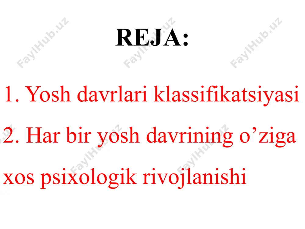 iga, axloq-odob, fe’l-atvori, oilaviy hayot masalalariga, shaxslararo munosabatlarga doir qarashlari ham turli janrlardagi asarlarda ravon va ixcham bayon qilib berilgan. rossiyada ilmiy psixologiyani rivojlantirishda k.d.ushinskiy, n.f.kapterev, i.a.sikorskiy, a.p.nechayev, a.f.lazurskiy, p.f.lesgaft kabi olimlar katta hissa qo’shganlar. k.d.ushinskiyning “inson tarbiya predmeti”, n.f.kapterevning “pedagogik psixologiya”, i.a.sikorskiyning “bola ruhi”, a.p.nechayevning “hozirgi zamon eksperimental psixologiyasi va uning maktab ta’limiga munosabati” va boshqa ko’pgina asarlarda psixologik ilmiy tadqiqotni jadallashtirishga xizmat qiladi. shu vaqtgacha psixologiya ilmida shaxs taraqqiyotini davrlarga bo’lib o’rganishga juda katta e’tibor qaratilgan. bir qancha davriy sxemalar ham taklif etilgan. lekin shu sohada astoyidil ijod qilgan har qanday olim o’zining “davrlarini” taklif etavergan. bu tushunarli, zero, insonning hayotiy yo’li va uning asosiy lahzalari tarixiy taraqqiyot mobaynida o’zgaradi, bir avloddan ikkinchi avlod taraqqiyotiga o’tishning o’zi ham qator o’zgarishlarni keltirib chiqaradi. davrlarga bo’lishga qaratilgan klassifikatsiyalarning o’zi ham ikki turli bo’ladi: juz’iy (alohida davrlarni yana qo’shimcha davrlarga bo’lish – “davrlar ichidagi davrlar”) va umumiy (inson umrining barcha bosqichlarini …