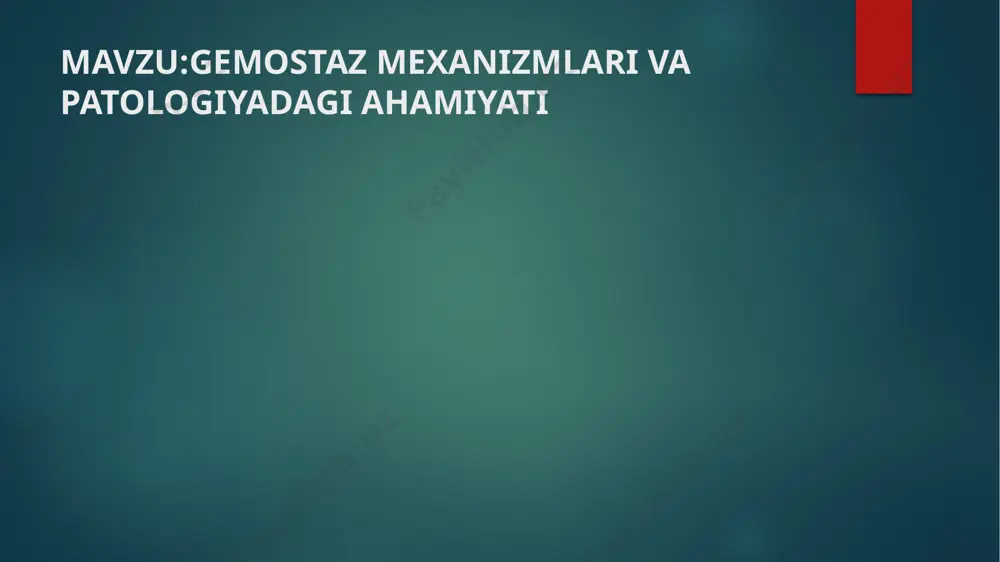 den mutatsiyasi) saraton kasalliklari homiladorlik va tug‘ruqdan keyingi davr yurak-qon tomir kasalliklari qon ivishini kuchaytiruvchi dorilar harakatsizlik (immobilizatsiya) patologiyadagi ahamiyati • travma va operatsiyalarda qon to‘xtashi hayotiy ahamiyatga ega • ginekologik holatlarda (masalan, tug‘ruq) nazorat muhim infarkt, insultda gemostaz buzilishi muhim rol o‘ynaydi • avtoimmun va yallig‘lanishli kasalliklarda ham rol o‘ynaydi davolash va profilaktika • trombolitiklar: streptokinaza, urokinaza antikoagulyantlar: heparin, varfarin • profilaktika: jismoniy faollik, ovqatlanishga e’tibor • nazorat: qon ivish testlari (aptt, pt, inr) xulosa gemostaz – qon tizimi muvozanatini saqlovchi asosiy jarayon • buzilishlar hayot uchun xavfli holatlarni keltirib chiqaradi • vaqtida tashxis va davolash – asoratlarning oldini oladi شكراً لاهتمامكم image2.png image3.png image4.png image5.png /docprops/thumbnail.jpeg