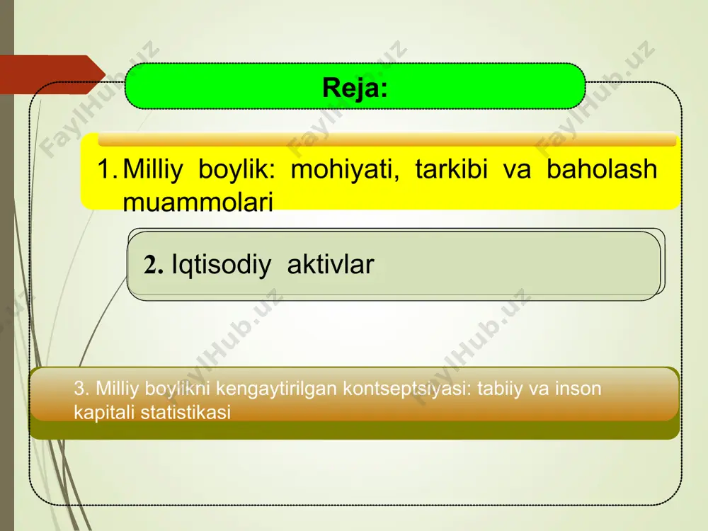 va muhokama qilindi. mazkur konferentsiyada k.xamiltonning jahonning 110 mamlakatida milliy boylikni 1997 yildagi jon boshiga to‘g‘ri keladigan darajasi va uni o‘sishi sur’atlari hisoblangan ma’ruzasini taqdim etdi. k.xamiltonning hisob-kitoblariga qaraganda ko‘pgina mamlakatlarda (jon boshiga to‘g‘ri keladigan yaim darajasi o‘rtacha jahon darajasidan past bo‘lganlarida) umumiy kapital hajmini 307 o‘sishi sur’ati aholi sonini o‘sishi sur’atidan pastligini, ya’ni bu mamlakatlarda aholi farovonligini pasayishi jarayoni yuz berayotganini ko‘rsatdi. 1-jadval xxi asr boshida dunyoning milliy boyligi va tarkibi xxi asr boshida dunyoning milliy boyligi va tarkibi manba: валентей с.д. накопление национального богатства на фоне мировых тенденций // мировая экономика и международные отношения. – 2011. – №4. с. 30. jadval ma’lumotlari asosida milliy boylik tarkibini tahlil qilish mumkin. ko‘rinib turibdiki, "ettilik" va yevropa ittifoqi davlatlarida aholi jon boshiga to‘g‘ri kelgan milliy boylik hajmi dunyoning boshqa davlatlariga nisbatan bir necha barobar yuqori. bu davlatlarda inson kapitali qiymatining yuqoriligi mazkur davlatlarni yuqori o‘rinda turishiga sabab bo‘lmoqda. opek va mdh …