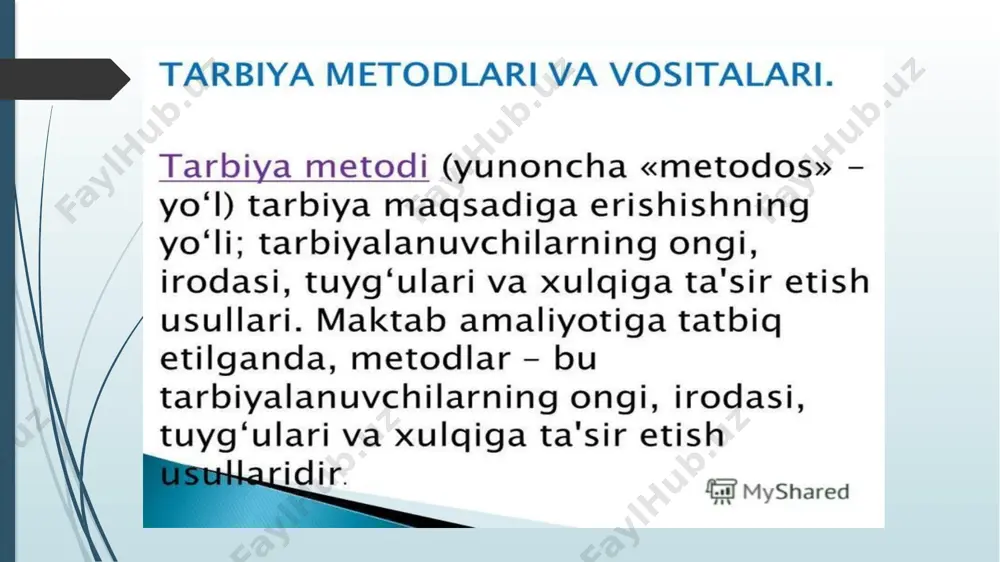ning ijtimoiy muhitdagi o’rniga, o’z-o’ziga, turli voqealarga munosabatini belgilab beradigan qarashlar e’tiqodi, hayotiy tajribasi va faolyat tamoyillarining tizimidir. dunyoqarashning ikkita tamoyillari mavjud : birinchisi, kishilarning kundalik hayotiy amaliy tajribasi hamda kasbiy faolyati asosida to’plangan bilimlar, tasavvurlar, qarashlar tashkil qiladi ikkinchisi, ilm-fan tufayli to’plangan nazariy bilimlar g’oyalar yig’indisi tashkil etadi. ularning ikkalasi bir-biri bilan uzviy bog’langan bo’lib, bir-birini to’ldiriladi. dunyoqarash ijtimoiy borliqning inikosidir. unda ijtimoiy turmush aks etadi va u ijtimoiy tuzimga bog’liq bo’ladi. dunyoqarashning doimo o’zgarib, rivojlanib turishi uning tarixiy turlarining almashuvida yaqqol namoyon bo’ladi. asosiy adabiyotlar 1. pedagogika.// m.toxtaxodjaevaning umumiy tahriri ostida. – t.: o’zbekiston faylasuflari milliy jamiyati, 2010. 2. ibragimov x.i.., abdullayeva sh.a. pedagogika nazariyasi. - t.: “fan va texnologiyalar” nashriyoti, 2008. 3. yuzlikayeva e., axmedova m., qurbonova g., sh.tashmetova. umumiy pedagogika. – t.: tdpu, 2012. 4. yuzlikaeva e., madyarova s., yanbarisova e., i.morxova. teoriya i praktika obhey pedagogiki. – t.: tgpu, 2014. principles of learning and teaching. …
