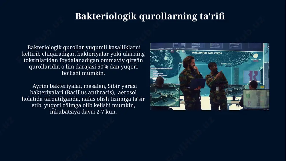 asining 5% dan past boʻlishi maqsadga muvofiq hisoblanadi. qurollarning aniqlanishi va zararsizlanishi қуролларнинг турига ва миқдорига қараб зарарсизлантириш жараёни 2-4 соатдан 24 соатгача давом этиши мумкин, бунда ҳимоя воситаларининг тўлиқ тўпламидан фойдаланиш мажбурийдир. бактериологик қуролларни зарарсизлантириш учун физик ва кимёвий усуллардан фойдаланилади, бунда юқори ҳарорат, юқори босимли буғ ва дезинфекцияловчи моддалар қўлланилади. bakteriyalarni qurol sifatida qo'llash usullari oziq-ovqat mahsulotlarini ifloslantirish usuli ham keng qo'llanilishi mumkin bo'lgan usul hisoblanadi. 1 kg mahsulotga 10⁵-10⁷ bakteriya hujayrasini aralashtirish orqali katta miqyosdagi kasallanish holatlarini keltirib chiqarish mumkin. bakteriologik qurollarni tarqatiishning eng samarali usullaridan biri – aerozol shaklida, ya’ni mayda tomchilar holida havoga sepish hisoblanadi, bu esa 1 kub metr havo ichida yuqori konsentrasiyada patogenlarni tarqalishiga olib keladi. xalqaro huquq va bakteriologik qurollar bakteriologik qurollarning tarqalishiga qarshi kurashda davlatlararo hamkorlikning muhim jihati – ma'lumot almashish va tahdidlarni aniqlash uchun 10 dan ortiq xalqaro tashkilotlarning faoliyati hisoblanadi. xalqaro huquqning 1972 yildagi biologik va toksin qurollari to'g'risidagi …