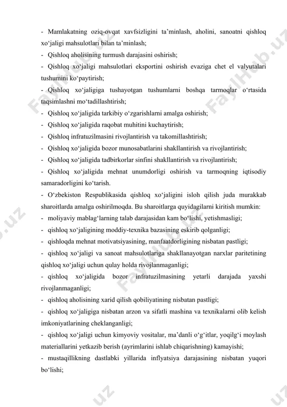 kning dastlabki yillarida inflyatsiya darajasining nisbatan yuqori bo‘lishi; · yer va suv resurslarining sifatining pasayishi. shu kabi qiyinchiliklarga qaramasdan mamlakat prezidenti va hukumati tomonidan iqtisodiy islohotlar puxta o‘ylangan holda olib borildi va u o‘zining ijobiy samarasini bera boshladi. o‘zbekistonda qishloq xo‘jaligini davlat tomonidan tartibga solish va qo‘llab - quvvatlash borasida quyidagi ishlar amalga oshirilmoqda: qishloq xo‘jaligi korxonalari faoliyatining me’yoriy - huquqiy negizini takomillashtirish; qonunda ko‘rsatilgan huquqlari buzilishiga yo‘l qo‘ymaslik; ularning ichki faoliyatiga aralashuvning har qanday ko‘rinishiga yo‘l qo‘ymaslik; qishloq xo‘jaligida maqbul baho siyosatini yuritish, doimiy ravishda qishloq xo‘jaligi va sanoat tovarlar orasidagi baholar paritetini saqlab borish; daromadlar pasayib ketishiga yo‘l qo‘ymaslik; ilg‘or texnologiya va texnikalar bilan ta’minlash tizimini takomillashtirish; fuqarolar tadbirkorlik faoliyati bilan erkin shug‘ullanishlari va undan manfaatdorligining kafolatlari va sharoitlarini ta’minlash, ularning ishbilarmonlik faolligini oshirish hamda qonuniy huquqlari va manfaatlarini muhofaza qilish; moliya - kredit tizimini takomillashtirish hamda korxonalarning kredit manbalari va sarmoyalaridan foydalanish imkoniyatlarini kengaytirish; ishlab chiqarishga xizmat …
