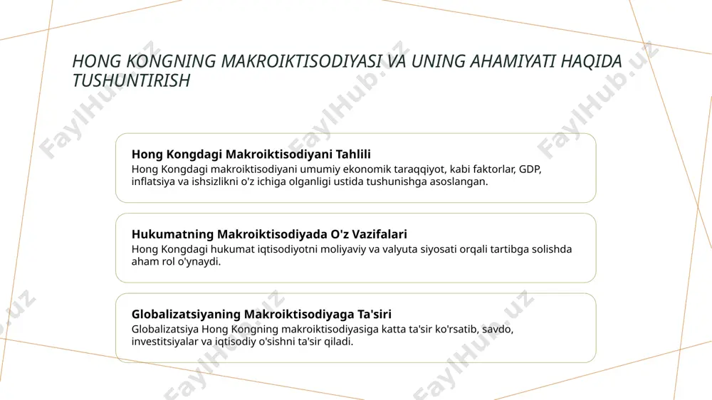 o'rsatuvchi muhim bir ko'rsatkichdir, davlatning raqobatbardoshligini va global iqtisodiy integratsiyasini ko'rsatadi. hong kongdagi iqtisodiy muammolardan o'tib borish 1 2 3 hong kongning iqtisodiy peyzajı jahon bo'shlig'i etkisi iqtisodiy qiyinchiliklar uchun strategiyalar hong kong iqtisodi, past soliq, ozod savdo va kuchli moliyaviy sohasi bilan ajralib turadi. savdo tansiqi va geopoliyitik risklar kabi jahon iqtisodiy muammolari hong kong iqtisodiyasiga ta'sir qilgan. hong kong iqtisodiy qiyinchiliklar orqali yo'l tutish uchun iqtisodiyasini diversifikatsiya qilishga, innovatsiyaga investitsiya qilishga va yetakchi rivojlanishni rivojlantirishga qaratilgan. xulosa hong kongdagi asosiy iqtisodiy ko'rsatkichlar gdp o'sishi, inflatsiya darajasi, ishsizlik darajasi va davlat xarajatlari hong kong iqtisodiy manzarasini shakllantiradi. jahon savdoining hong kongga ta'siri hong kong global moliyaviy markaz bo'lib, uning iqtisodiyoti jahon savdo dinamikasi tomonidan qat'iy ta'sir qilinadi. o'sishni oshiradigan iqtisodiy siyosatlar hong kongning erkin bozor siyosati, past soliqlar va samarali tartibot muhitining iqtisodiy o'sishni rivojlantirdi. oldingi challar va imkoniyatlar daromad farqini hal qilish, uy sotish narxi va atrof-muhitning barqarorligi …