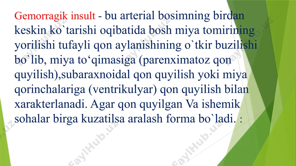 ‘kish-qizil, bemor boshi va ko‘zining paralich tomondan qarama - qarshi tomonga yo‘nalganligini ko‘rish mumkin. paralich tomonda lab-burun burmasi tekislashgan, lab burchagi pastga tushgan bolib, “parus” beligisi yuz va oyoq panjasining tashqariga rotatsiyasini kuzatish mumkin. bemorni ko‘zdan kechirganda gemiplegiya aniqlanib, muskullar tonusi pasaygan, falajlangan muchalar shalvirab qolgan boiadi. babinskiy va meningeal simptomlar aniqlanadi birinchi-ikkinchi sutkalarda tana harorati 41°cga ko`tarilib 2-3-sutkada pnevmoniya yoki o‘pka shishi kuzatilib, yotoq yaralar rivojlanadi. qo'shimcha tekshirganda ko‘z tubida gemmoragi- yalar, qonda leykotsitoz, exo-egda m-exo siljiganligini ko‘rish mumkin. likvor bosimi oshgan, likvorda bir oz qon, 3-5 ksantoxromiya aniqlanadi, bemorlarning ahvoli og'ir bo'lib, 60% o`lim kuzatiladi. kasallik yax­shi kechganda komadan asta-sekin chiqib, hushi tiniqlasha boradi, o‘choqli simptomatika aniqlanadi. bemorlarda gemiplegiya, gemianesteziya, ba’zan gemianopsiya aniqianadi. chap yarim sharlar zararlanganda nutq, o‘qish, yozish buziladi; o‘ng yarim sharlar zararlanganda psixika buzilib, apraksiya, agnoziya va parakinez (sog‘ muchalardagi avtomatik harakatlar) kuzatiladi, 10-14 kun o‘tib tiklanuvchi davr boshlanadi. avval oyoqlarda keyin qo`llarda harakat tiklanib, …