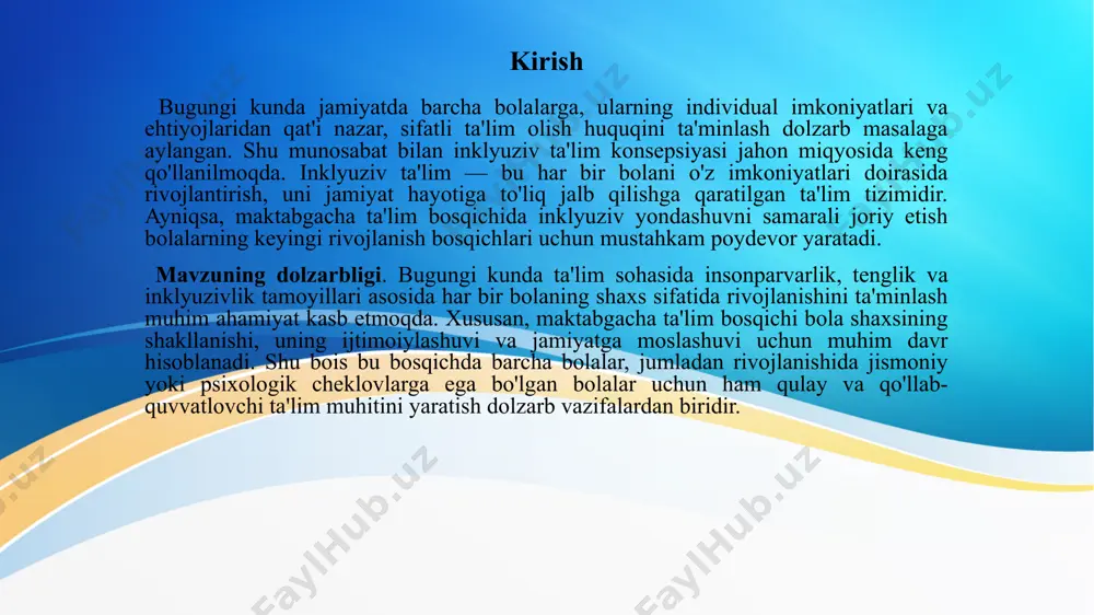 arbiyachi, tarbiyachi tarbiyachilarning bu boradagi malakasini oshirish bo'yicha bir qator ishlar amalga oshirib kelinmoqda. inklyuziv ta'lim - bu o'quv jarayonini barcha bolalarning ruhiy, jismoniy, aqliy, madaniy, etnik va boshqa xususiyatlarini hamda maxsus ta'lim ehtiyojlarini hisobga olgan holda, shu bilan birgalikda, ularni boshqa tengdoshlaridan ajratmagan holda, yashash joylariga yaqin va qulay sharoitlarda tashkil etishdir. inklyuziv ta'limning maqsadi — alohida ta'lim ehtiyojlari bo'lgan tarbiyalanuvchilar uchun maktabda maxsus vosita va metodlarni qo'llash orqali maxsus tarbiyachilarni jalb etgan holda to'siqsiz moslashtirilgan ta'lim muhitini yaratish, ularning jamiyatga samarali moslashuvi hamda to'laqonli uyg'unlashuviga xizmat qiladigan sifatli umumiy o'rta ta'lim berishni ta'minlashdan iborat. inklyuziv ta'limning vazifalari — barcha bolalarga teng munosabatda bo'lishni ta'minlaydigan yagona moslashtirilgan ijtimoiy muhitni yaratish; alohida ta'lim ehtiyojlari bo'lgan tarbiyalanuvchilar muammolariga nisbatan bag'rikenglik munosabatini shakllantirish; ta'lim jarayonida alohida ta'lim ehtiyojlari bo'lgan bolalarning aqliy va ijtimoiy salohiyatlarini rivojlantirish; alohida ta'lim ehtiyojlari bo'lgan bolalarni tarbiyalayotgan oilalarga maslahat yordami berish hamda ularni psixologik-tarbiyachi jihatdan qo'llab-quvvatlash. inklyuziv ta'limning …