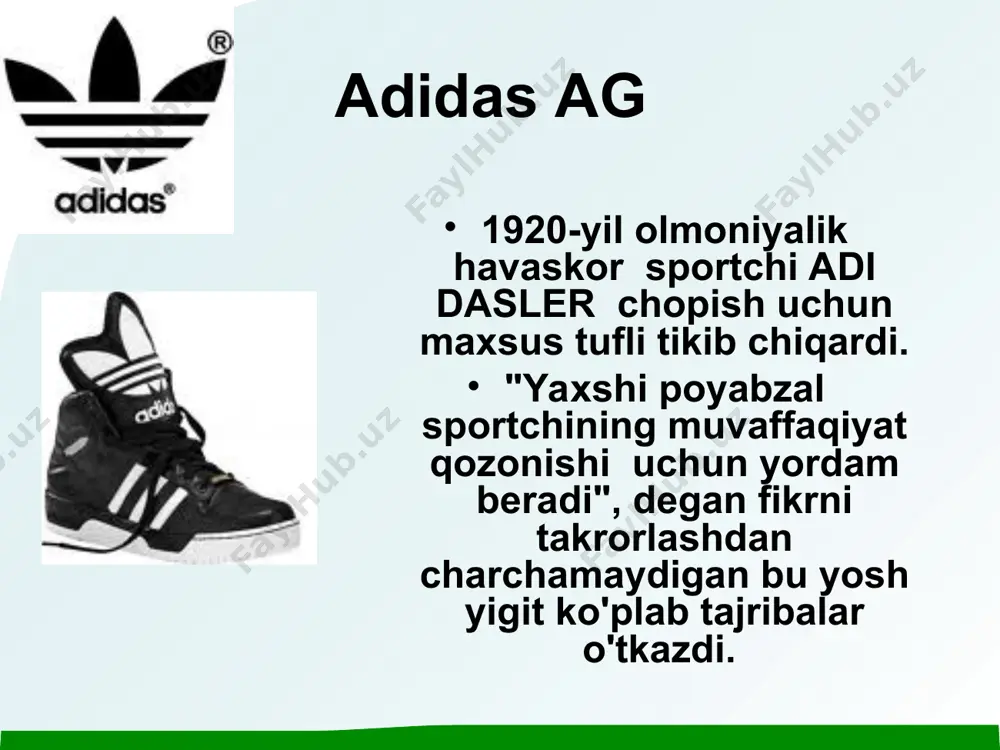 1956-yilda melburn olimpiadasiga yo`l oladi va katta muvaffaqiyat qozonadi. shunday qilib "adidas" firmasi mahsulotlari "sport bozori" ni zabt eta boshladi.