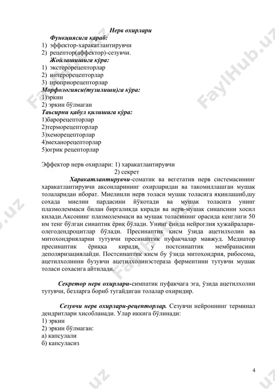 эпинервий ва периневрийнинг ташқи қисмида артериола, венула ва лимфа томирлар мавжуд. деярли барча периферик нервлар хам сезувчи хам ҳаракатлантирувчи толаларга эга аралаш нерв типига киради. фақат нервнинг дистал қисмининг охирида бу толалар алохида толаларга ажралади. периневрий-ташқи қисми-хар бир нерв тола тўпламини ўраб турувчи бириктурувчи тўқимадан иборат.ташқи ва ички қисми қалин базал мембрана билан ўралган,улар ўзида 4 тип коллаген, ламинин,нидоген,ва фибриноген тутади. регенирация. нерв шикастланиши натижасида нервнинг периферик ўсимтасининг тўлиқ регенирацияси кузатилади.шванн ҳужайралари пролифератцияга учрайди периферик ўсимталарга айланади ва суткасига шикастланган сохагача 0,25мм,кейин эса 3-4мм тезликда ўсади. қайта тикланиш бўғиқлар сохасидан ўтувчи коллатераллар хисобига хам содир бўлиши мумкин.шванн ҳужайралари ўзидан нервнинг ўсувчи факторини ишлаб чиқаради. нерв охирлари функциясига қараб: 1) эффектор-харакатлантирувчи 2) рецептор(аффектор)-сезувчи. жойлашишига кўра: 1) экстерорецепторлар 2) интерорецепторлар 3) проприорецепторлар морфологияси(тузилиши)га кўра: 1)эркин 2) эркин бўлмаган таьсирни қабул қилишига кўра: 1)барорецепторлар 2)терморецепторлар 3)хеморецепторлар 4)механорецепторлар 5)огрик рецепторлар эффектор нерв охирлари: 1) харакатлантирувчи 2) секрет харакатлантирувчи-соматик ва вегетатив нерв системасининг харакатлантирувчи аксонларининг …