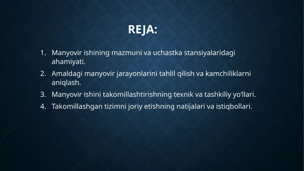 i ta'minlashdir. uchastka stansiyalarida bu jarayon ayniqsa murakkab va muhim bo‘lib, ko‘plab yo‘nalishlardagi harakatlar aynan shu yerda muvofiqlashtiriladi. samarali manyovir ishlarini tashkil etish orqali vaqt tejaladi, ishchi kuchi va texnik vositalar unumli ishlatiladi, shu bilan birga, vagonlarning ortiqcha to‘planib qolishining oldi olinadi. bundan tashqari, to‘g‘ri rejalashtirilgan manyovir harakatlari orqali stansiyadagi harakat grafigi izchil va xavfsiz yuritiladi. amaldagi manyovir jarayonlarini tahlil qilish va kamchiliklarni aniqlash. amaldagi manyovir jarayonlarini tahlil qilish uchastka stansiyalarida harakatning samaradorligi va xavfsizligini baholash uchun muhim bosqich hisoblanadi. bu tahlil orqali vagonlar harakati, ularga xizmat ko‘rsatish va joylashtirishda yuzaga kelayotgan muammolar aniqlanadi. ko‘p hollarda manyovir ishlarida qo‘lda boshqarishning ustunligi, zamonaviy texnika va avtomatlashtirilgan tizimlarning yetishmasligi kuzatiladi. shuningdek, vagonlarni saralashda noto‘g‘ri rejalashtirish, operatorlar orasida uzviy aloqaning sustligi va ish jarayonidagi takroriy harakatlar samaradorlikka salbiy ta’sir ko‘rsatadi. manyovir yo‘llarining yetarli darajada texnik holatda bo‘lmasligi, signalizatsiya tizimlarining eskirganligi ham kamchiliklar sirasiga kiradi. amaldagi manyovir jarayonlarini tahlil qilish natijasida ko‘plab kamchiliklar aniqlanadi, …