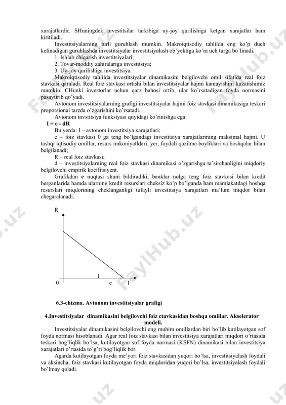 oshirishga moyillar, ammo daromadlari o’sgan darajada emas”* soliqlar to’langandan keyin qolgan daromadning bir qismi iste’mol qilinadi, ikkinchi qismi esa jamg’ariladi, shu tufayli ham iste’molga va jamg’arishga o’rtacha moyillik yig’indisi 100% ga yoki koeffitsiyent ko’rinishda 1 ga teng: apc + aps = 100% yoki 1. uy xo’jaliklari tasarrufidagi daromadlarining o’sgan qismini yo iste’mol qiladi, yoki jamg’aradi. iste’moldagi o’zgarishlarning shu o’zgarishni keltirib chiqargan tasarrufidagi daromad o’zgarishdagi ulushi iste’molga chegaralangan moyillik deyiladi. δ s mpc = -----------100 δ yd bu yerda: mpc (marginal propensity to consume) – iste’molga chegaralangan moyillik. yuqorida keltirilgan 4-jadval ma’lumotlariga ko’ra ixtiyordagi daromad 410 sh.b.dan 430 sh.b.kacha oshgan holatda mpsni hisoblaymiz. δ s =420 - 405 =15; δ yd =430 - 410 = 20; mps = (15/20) 100=75%; bu shuni bildiradiki, daromad 100 % ga (yoki bir birlikka) o’zgarganda iste’mol 75 % (yoki 0,75)ga o’zgaradi. jamg’arishdagi o’zgarishning ixtiyordagi daromad o’zgarishdagi ulushi jamg’arishga chegaralangan moyillik deyiladi. δ c mps = …