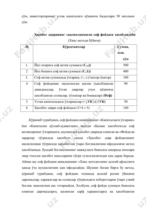 лда ҳисоб-китоб қилиш мумкин. ҳисобот даври соф фойдаси ҳисоб-китоби (операцион метод бўйича) № кўрсаткичлар сумма, млн.сўм 1. жами даромадлар (соф тушум) 2500 2 сотиш таннархи 1700 3. сотишдан олинган ялпи фойа (1-2) 800 4 давр харажатлари 500 5 асосий фаолиятдан олинган бошқа даромадлар 50 6 асосий фаолиятдан олинган фойда (3-4+5) 350 7 молиявий фаолиятдан даромадлар 20 8 молиявий фаолиятга доир харжатлар 60 9 умумхўжалик фаолиятидан олинган фойда (6+7-8) 310 10 фавқулотдаги фойда - 11 фавқулотдаги зарарлар - 12 солиққача фойда (9+10-11) 310 13 фойда солиғи 60 14 ободонлаштириш солиғи 20 15 ҳисобот йили фойдасининг ишлатилган қисми 90 16 соф фойда (12-13-14) 140 операцион методнинг афзаллиги шундаки, корхонанинг соф фойдаси суммаси ҳисоб-китобида унга бевосита таъсир қилувчи барча даромадлар, харажатлар, солиқ тўловлари ҳамда ҳисобот йилида фойданинг ишлатилган қисми ёрқин кўриниб туради. шу боис, ҳам халқаро миқиёсда, ҳам бизнинг республикамизда ҳозирги пайтда соф фойдани аниқлашнинг операцион методи кенг қўлланилмоқда. “фойда ва зарарлар тўғрисида …