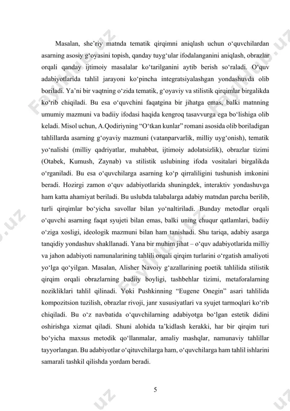 sh, ilmiy maqola yozish, kurs ishi yoki bitiruv malakaviy ish tayyorlashda asosiy nazariy-tahliliy tayanch hisoblanadi. bugungi kunda raqamli texnologiyalar yordamida ham qirqim turlarini o‘rganish soddalashtirilmoqda. elektron darsliklar, interaktiv platformalar, videodarslar orqali matn tahlili ko‘rgazmali va tushunarli shaklda taqdim etiladi. bu esa o‘quvchilarning mavzuga bo‘lgan qiziqishini orttiradi, mustaqil o‘rganish ko‘nikmalarini rivojlantiradi. ko‘plab zamonaviy o‘quv adabiyotlarida aynan bu yondashuvlar asosida har bir qirqim turi soddalashtirilgan misollar orqali talqin qilinmoqda. qirqim turlari adabiyotshunoslikda matnni chuqur tahlil qilish, uning ma’no qatlamlarini ochib berish, g‘oyaviy va estetik jihatlarini aniqlashda muhim vosita hisoblanadi. o‘quv adabiyotlarida bu tahlil metodlariga oid bilimlar o‘ziga xos tizim asosida yoritiladi. har bir qirqim turi — bu asarga bir nuqtai nazardan qarash, uni o‘ziga xos yo‘l bilan tahlil qilishdir. shu boisdan, ularni o‘rganish o‘quvchining adabiy saviyasini oshirishga, fikrlash doirasini kengaytirishga, matnni chuqur anglashga xizmat qiladi. o‘quv adabiyotlarida qirqimlar faqatgina nazariy talqin etilmaydi, balki ko‘plab adabiy matnlar misolida amaliy jihatdan ko‘rsatiladi. bu esa …