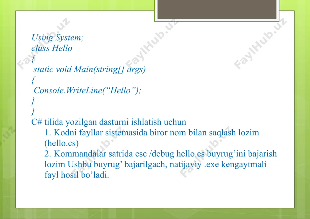 lar yana ikki turga bo’linadi: o’lchamli va yo’nalishli. ularning asosiy farqi ma’lumotlarni xotirada joylashtirishidir. o’l-chamli tip o’zining aniq qiymatini stekka yozib qo’yadi, yo’nalishli tip esa bu stekka faqat qaysidir (o’zi aniqlaydigan) obyekt manzilini yozib qo’yadi, obyektning o’zi esakuchada saqlanadi.kucha–bu dastur saqlanadigan asosiy xotira bo’lib, unga murojaat qilish dastur tezligini biroz pasaytiradi. lekin agar siz juda katta obyektlar bilan ishlayotgan bo’lsangiz, unda bu obyektnikuchada saqlashning bir muncha afzallik tomonlari bor. yaratilgan tiplar. 2-jadval. c# tilida yaratilgan tiplar va ularning o’lchamilari. c# tilida ifoda, instruksiya va operatorlar. ifodalar.ifoda–qiymatni aniqlovchi kod satridir. oddiy ifodagamisol: myvalue=100; myvalue ning o’zi bir qiymatni aniqlovchi operator bo’lsada, uni ham qiymat sifatida o’zlashtirish mumkin. chunki u 100 qiymatini qabul qiladi. misol uchun: mysecondvalue=myvalue=100; bu misolda 100 literali avval myvalue ga keyin “=“o’zlashtirish operatori yordamida mysecondvalue o’zgaruvchisiga o’zlashtiriladi. bu bilan 100 qiymati har ikkala o’zgaruvchiga birdaniga o’zlashtiriladi. bu yo’l bilan siz bir necha o’zgaruvchiga birta qiymatni o’zlashtirish imkoniyatiga ega …