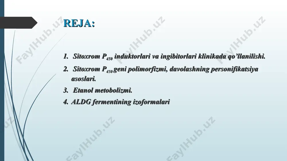 hozirgi vaqtda p-450 sitoxrom tizimining fermentlari steroidlar, safro kislotalari, yog 'kislotalari, prostaglandinlar, leykotrienlar, biogen aminlar kabi ko'plab endogen kimyoviy moddalarning oksidlovchi, peroksidlovchi va qaytaruvchi metabolizmida hal qiluvchi rol o'ynashi ko'rsatildi cyp450 fermentlari klinik amaliyotda ko'rilgan dorilarning 90% metabolizmi uchun javob beradi, cyp3a4 va cyp2d6 eng muhim fermentlardir. cyp450 fermentlarining polimorfizmi dori reaktsiyasidagi individual va millatlararo o'zgaruvchanlikka va standart doza uchun toksiklikka katta ta'sir ko'rsatadi. cyp450 fermenti substratlari, induktorlari va ingibitorlarining klinik ta'sirini retseptlashda yodda tutish kerak, chunki ular terapiyani buyurishga katta ta'sir ko'rsatishi mumkin evolyutsion jihatdan ancha qadimiy mitoxondrial sitoxrom p-450 tizimi mikrosomal tizimdan monooksigenaza reaktsiyalarini katalizlash uchun nadph dan sitoxrom p-450 molekulasiga elektronlarni etkazib beruvchi qaytaruvchi komponentlari bilan farq qiladi. mitoxondrial sitoxrom p-450 ichki membranaga o'rnatilgan va nadph dan elektronlarni ikkita ketma-ket ta'sir qiluvchi fermentlar - nadph-sitoxrom p-450 reduktaza va gem bo'lmagan temir bilan bog'liq bo'lgan aronodoksin orqali qabul qiladi. hayvonlarning mitoxondriyalarida elektron tashishni kamaytirish tizimi bakteriyalarda topilgan tizimga …