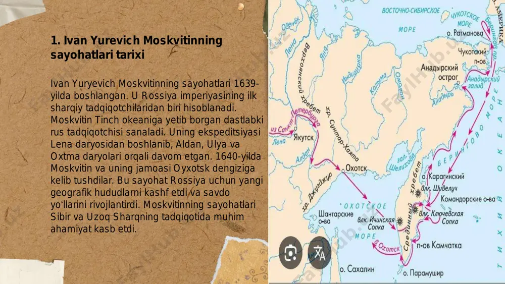 uning sayohatlari yenisey daryosidan boshlangan bo'lib, sobir boshchiligida tajribali kazaklardan tashkil topgan guruh bilan amalga oshirilgan. moskvitin sibirning sharqiy hududlarini tadqiq qilib, lena daryosidan o‘tib, aldan va maya daryolari orqali o‘z yo‘lini davom ettirgan. uning ekspeditsiyasi okhotsk dengiziga yetib borgan va bu hududni batafsil tadqiq etishni davom ettirgan. 1640-yilda qaytgan sayohatchilar rossiya uchun yangi geografik kashfiyotlar haqida muhim ma'lumotlar orttirgan. bu sayohatlar rus imperiyasining hududiy kengayishiga katta hissa qo‘shgan. ... t.me/slaydai_bot 7. moskvitinning geografiyaga qo'shgan hissasi moskva shahrining geografiyaga qo'shgan hissasi ko'p qirrali. moskva davlat universiteti geografiya fakulteti dunyo miqyosida e'tiborga molik faoliyat olib boradi. 1703-yilda tashkil etilgan moskva geofizik observatoriyasi iqlim o'zgarishlari va yer harakatlarini kuzatish bo'yicha tadqiqotlar o'tkazadi. moskva turar-joy xaritalash instituti shaharning rivojlanishiga katta hissa qo'shadi. 2000-yildan boshlab, moskva tomonidan ishlab chiqilgan yangi sun'iy yo'ldosh texnologiyalari yuqori aniqlikdagi kartografik ma'lumotlarni taqdim etadi. shuningdek, moskva arktika tadqiqot markazi rossiyaning shimoliy hududlaridagi geografik va ekologik o'zgarishlarni o'rganishda muhim rol …