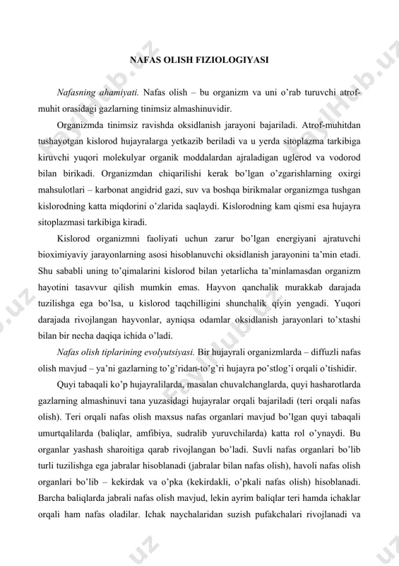 li tuzilishga ega jabralar hisoblanadi (jabralar bilan nafas olish), havoli nafas olish organlari bo’lib – kekirdak va o’pka (kekirdakli, o’pkali nafas olish) hisoblanadi. barcha baliqlarda jabrali nafas olish mavjud, lekin ayrim baliqlar teri hamda ichaklar orqali ham nafas oladilar. ichak naychalaridan suzish pufakchalari rivojlanadi va uning hujayralari kislorodni o’ziga faol singdirib oladi (gazlar sekresiyasi). masalan, cho’rtan baliqning suzish pufagida 35 %, dengiz okunida 88 % gacha kislorod saqlanadi. bundan tashqari, suzish pufagi harakatlarni koordinasiyalashda ham ishtirok etadi. suv umurtqalilarida ham tashqi, ham ichki jabralar mavjud. umurtqasiz hayvonlarda havoni qayta ishlovchi nafas organlari bo’lib qayta o’zgargan jabralar hisoblanadi. ko’pchilik hasharotlarda kekirdakning nozik o’simtalarining murakkab turidan tashkil topgan kekirdakli tizim bo’lib, u orqali to’qimalar kislorod bilan ta’minlanadi. repitiliy va amfibiyalarda gazlar almashinuvining 2/3 qismi teri orqali va 1/3 qismi o’pka orqali (o’pkali nafas olish) bajariladi. parrandalarda nafas organlari o’ziga xos xususiyatlarga ega, ularda ham reptiliylardagi singari diafragma yo’q. kekirdak o’pka ichidan to’g’ri …