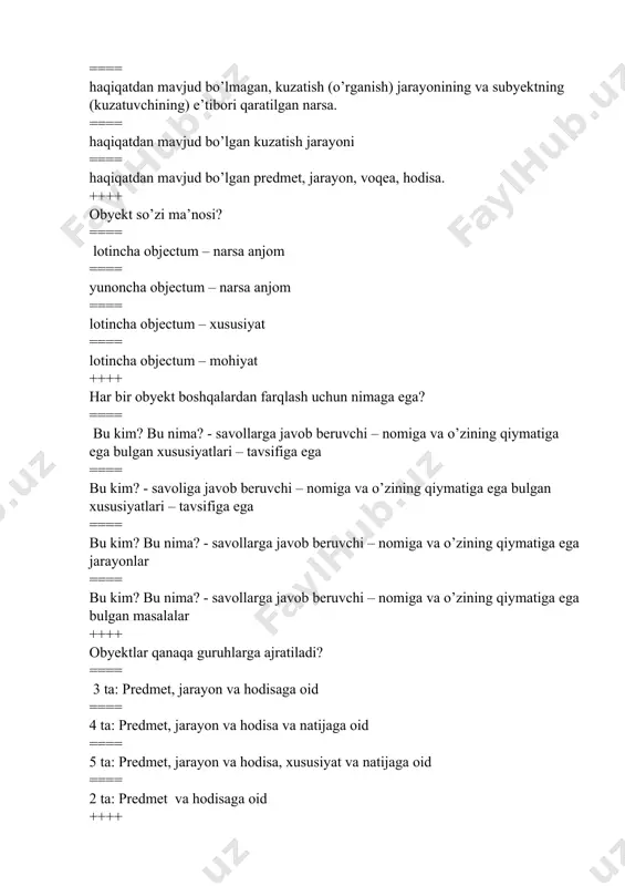 a, 4) ifodalash vositalari bo’yicha ==== 3 ta: 1) foydalanish sohasi bo’yicha, 2) vaqt omili bo’yicha, 3) taqdim etish usuli bo’yicha ==== 5 ta: 1) foydalanish sohasi bo’yicha, 2) vaqt omili bo’yicha, 3) taqdim etish usuli bo’yicha, 4) ifodalash vositalari bo’yicha, natija olish bo’yicha ==== 2 ta: 1) foydalanish sohasi bo’yicha, 2) vaqt omili bo’yicha ++++ foydalanish sohasi bo’yicha modellar? ==== o’quv (ko’rgazmali qo’rollar), tajriba (samolyot qanotining havoga qarshiligi), ilmiy-texnik (quyosh tizimi sayyoralar harakatlanishi), o’yin (iqtisodiy yoki harbiy) va immitatsion-taqlid modellari ==== o’quv (ko’rgazmali qo’rollar), tajriba (samolyot qanotining havoga qarshiligi), ilmiy-texnik (quyosh tizimi sayyoralar harakatlanishi) modellari ==== o’quv (ko’rgazmali qo’rollar va o’yin (iqtisodiy yoki harbiy) va immitatsion-taqlid modellari ==== o’yin (iqtisodiy yoki harbiy) va immitatsion-taqlid modellari ++++ vaqt omili bo’yicha modellar? ==== statik va dinamik modellari ==== statik va analitik modellari ==== absrakt va matematik ==== matematik va fizik ++++ taqdim etish usuli bo’yicha modellar? ==== moddiy (globus) va nomoddiy …