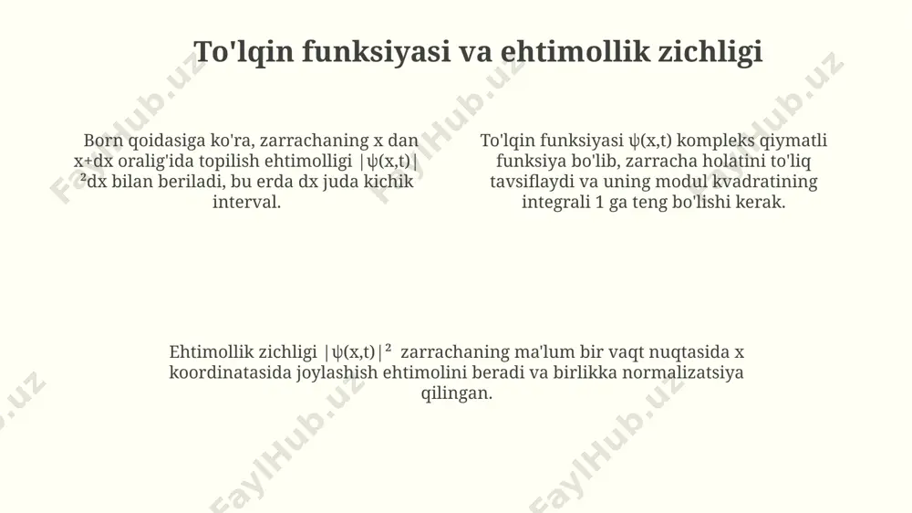 el, elektronning to'lqin xususiyatini hisobga olib, uning holatini aniq koordinatalar bilan emas, balki ehtimollik zichligi funksiyasi orqali tavsiflaydi, bu esa 1s orbitalining sferik shaklini tushuntiradi. vodorod atomi uchun rydberg formulasi (1/λ = r(1/n₁² - 1/n₂²)) kvant mexanik model yordamida olingan va spektral chiziqlarning to'lqin uzunliklarini aniq bashorat qiladi. vodorod atomining kvant mexanik modeli elektronning yadro atrofidagi 1s orbitalida joylashish ehtimolligini, energiya darajasini (-13.6 ev) va burchak momenti kvant sonini (l=0) aniqlaydi. kvant tunnelling kvant tunnellingi yarimo'tkazgichlar texnologiyasi, skanerdan elektron mikroskopi va yadro fizikasi kabi sohalarda, masalan, α-parchalanish jarayonida muhim rol o'ynaydi va 10⁻¹⁸ metrdan ham kichik masofalarni o'lchash imkonini beradi. kvantli tunnellingda zarracha potentsial to‘siqdan, hatto uning kinetik energiyasi to‘siq balandligidan kam bo‘lganda ham, ma’lum bir ehtimol bilan o‘tishi mumkin, bu ehtimol eksponentsial ravishda to‘siqning kengligiga bog‘liq. tunnelling ehtimoli, to‘siq balandligi va zarracha massasiga bog'liq bo'lib, plank doimiysi (h) orqali ifodalanadi. masalan, elektronlar protonlarga qaraganda ancha samarali tunnel hosil qiladi. …