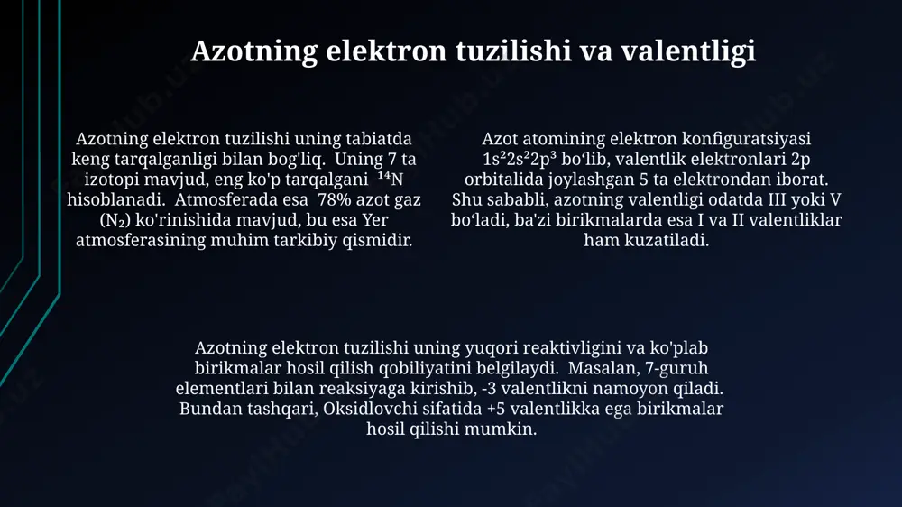 lan, n₂o (kulgir gaz) yevropada 2021-yilda atmosfera gazlari tarkibida 327 ppb ga yetgan va iqlim o'zgarishiga 300 dan ortiq marta ko'proq ta'sir ko'rsatadi. azotning tibbiyotda qo'llanilishi suyuq azot (-196°c) kriyoterapiyada, ya'ni teri va shilliq pardalardagi malign va benign o'smalarning muzlatish yo'li bilan yo'q qilinishida samarali qo'llaniladi, ayniqsa, terining kichik o'smalari davolashda samaradorligi yuqori. azot oksidi (n2o) gazining 1-2% li aralashmasi stomatologiyada og'riqsizlantirish vositasi sifatida qo'llaniladi, bemorlarning taxminan 80%ida samarali bo'lib, jahon bo'ylab ko'plab mamlakatlardagi stomatologiya klinikalarida keng qo'llaniladi. ba'zi dorilar tarkibida azot atomlari mavjud bo'lib, ularning biologik faolligi va organizm tomonidan singishiga ta'sir ko'rsatadi. masalan, nitratlar yurak-qon tomir kasalliklarini davolashda aqsh va evropa davlatlarida keng qo'llaniladi. atmosferadagi azot sikli azot siklining muhim bosqichlaridan biri – ammonifikatsiya jarayoni, unda organik birikmalardagi azotning ammiak (nh₃) ga aylanishi, masalan, hindiston kabi zich aholisi bo'lgan mintaqalarda juda muhimdir. atmosferadagi azotning 78% ini tashkil etayotgani va bu miqdor yer yuzidagi hayot uchun muhim ahamiyatga ega …