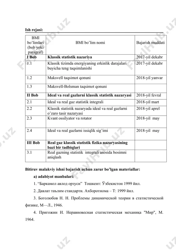 b) bmi bajarish uchun me’yoriy hujjatlar: o‘zr oo‘mtvgining 2010-yil 9-iyundagi №225 buyrug‘i bmi larni bajarishga qo‘yiladigan talablar. bitiruv malakaviy ishni yozish va rejalashtirish bo’yicha uslubiy ko’rsatma o‘z mu 2011, qarshi du 2011, samdu 2013 v) statistik va boshqa ma’lumotlar: 1. nazariy fizika kursi iv tom, termodinamika va statistik fizika, a. a. abdumalikov, r.mamatqulov. 2. kvant statistik fizika toshkent > 2007, a. boydedaev, p. habibullayev. 3. kvant mexanikasi asoslari toshkent, > 1995 g’. h. hoshimov r. y. rasulov n. h. yo’ldoshev. 4. maydon nazaryasi > nashriyoti toshkent – 1965 r. x. mallin 5. sohaga oid sprovochniklar topshiriq berilgan sana: 2017 yil noyabr, kafedra yig’ilishida ishni topshirish muddati: 2018 yil aprel-may ilmiy rahbar: . a. mallayev. kafedra mudirining ishni himoyaga qo’yish haqida xulosasi: bekmurodov zohiriddinning bitiruv malakaviy ishi kirish, ikki bob (nazariy va amaliy), xulosa va foydalanilgan adabiyotlar ro’yxatini o’z ichiga lgan holda 60 sahifada bayon etilgan. ishning kirish qismida mavzuning dolzarbligi, …