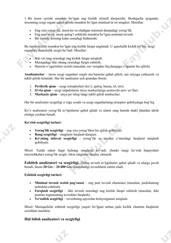 ifodalaydi. sezgirlik kuchi qo`zg`atuvchining absolyut qiymatiga emas, balki qo`zg`atuvchi kuchining logarifmiga proportsionaldir. g.fexner absolyut va farq qilish chegaralarini o`lchashning bir necha metodlarini taklif qildi. bunday metodlardan biri minimal o`zgaruvchilar yoki chegara metodi deb yuritiladi. bu metodning mohiyati uning nomidan ko`rinib turibdiki, oldindan tayyorlangan qo`zg`atuvchilar shunday berib boriladiki, ular bir-biridan minimal darajada farq qilishini aniqlash mumkin bo`ladi. qo`zg`atuvchi goh ortib, goh kamayib boruvchi tartibda beriladi. har bir turkum qo`zg`atuvchilar tartibi javoblarning o`zgarishi bilan belgilanadi. («ha», «yo`q», «ko`ryapman», «ko`rmayapman»). odatda sezgirlikni o`lchash kamayib boruvchi qo`zg`atuvchilar berib borishdan boshlanadi. qo`zg`atuvchining ta`siri sezilmay qolguncha davom ettiriladi. ortib boruvchi qator uchun ham shunday tartibda o`tkaziladi. tajribaning har bir qismi 6 martadan 15 tagacha takrorlanadi. sezgirlikning absolyut chegarasi sifatida ularning o`rtacha arifmetik qiymati (m) olinadi. bu yerda rl - o`rtacha sezgirlikning absolyut chegarasi, l - har bir o`suvchi va kamayuvchi qo`zg`atuvchilar qatorining chegara qiymati, n - qo`zg`atuvchilar qatorining umumiy soni. tekshiriluvchilar javoblarining variativligi o`rtacha kvadratik chetlanish( …