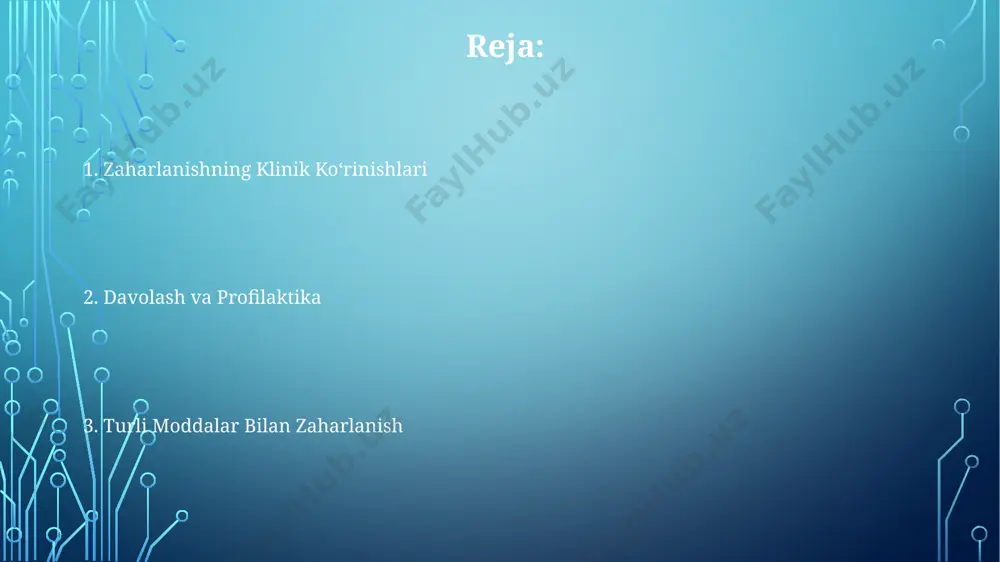arda. agar zaharlanish og'iz orqali yuz bergan bo'lsa, faol ko'mir (30-50 gramm) qabul qilish, keyinchalik shifokor ko'rsatmalariga amal qilish, masalan, samarqanddagi shifoxonaga murojaat qilish kerak. diagnostika usullari toksik moddalarning qon, siydik va soch namunalarida gaz xromatografiyasi-mass spektrometriyasi (gc-ms) yordamida aniqlanishi, 10 ng/ml dan yuqori konsentratsiyalarni aniqlash imkonini beradi, bu esa toshkentdagi toksikologik laboratoriyalarda qo'llaniladi. bemorning klinik ko'rinishi, shuningdek, 50 dan ortiq zaharlanish belgilari va alomatlarining batafsil anamnezi, masalan, qusish, ko'ngil aynishi va bosh aylanishi, samarqanddagi shifoxonalarda dastlabki diagnostika uchun muhimdir. biokimyoviy tekshiruvlar, jumladan, jigar va buyrak funksiyalarini baholash uchun 12 ta asosiy ko'rsatkichlarni o'lchash, andijon viloyatidagi tibbiyot muassasalarida zaharlanishning og'irligini aniqlashda qo'llaniladi. turli moddalar bilan zaharlanish turlari toksik materiallar bilan zaharlanish, masalan, pestitsidlar (organofosfatlar va karbamatlar) samarqand viloyatida qishloq xo'jaligi ishchilarida tez-tez uchraydi. o'zbekistonda 2022-yilda o'tkir zaharlanish hollari soni 3000 dan oshgan bo'lib, ularning 15% dan ortig'i noaniq kimyoviy moddalar bilan bog'liq edi. toshkent shahridagi toksikologik markaz ma'lumotlariga ko'ra, 2023 …