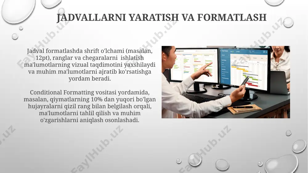 makrolarni yozishda vba (visual basic for applications) dasturlash tili qo‘llaniladi va bu orqali 1000 dan ortiq satrdan iborat murakkab hisobotlarni avtomatlashtirish mumkin, bu esa vaqtni sezilarli darajada tejaydi. grafik va diagrammalar yaratish grafiklarni yaratishda ma’lumotlar oralig’ini tanlash, diagrammalar turi va uslubini tanlash, shuningdek, sarlavhalar va yorliqlarni qo’shish kabi 5 ta asosiy qadam mavjud. excelda 2d va 3d grafik turlarini, masalan, ustunli, chiziqli, doiraviy va tarqalish diagrammalarini yaratish orqali ma’lumotlarni vizual ravishda taqdim etish mumkin. excel dasturida turli xil hisobotlarni tayyorlashga kirish excelda murakkab hisobotlarni yaratish uchun 10 dan ortiq funksiya va formuladan foydalanish, masalan, sumif, averageif, vlookup kabi funksiyalar ma'lumotlarni tahlil qilish va kerakli natijalarni olish imkonini beradi. hisobotlarni vizualizatsiya qilish uchun 5 xil turdagi diagrammalardan (ustunli, chiziqli, yoysimon, tarqalish va boshqalar) foydalanib, ma'lumotlarni aniq va tushunarli tarzda taqdim etish mumkin. e'tiboringiz uchun rahmat @taqdimot_robot image3.png image4.jpg image5.jpg image6.jpg image7.jpg image8.jpg image9.jpg image10.jpg image11.jpg image12.jpg image13.jpg image14.jpg image15.jpg image16.jpg image17.jpg …