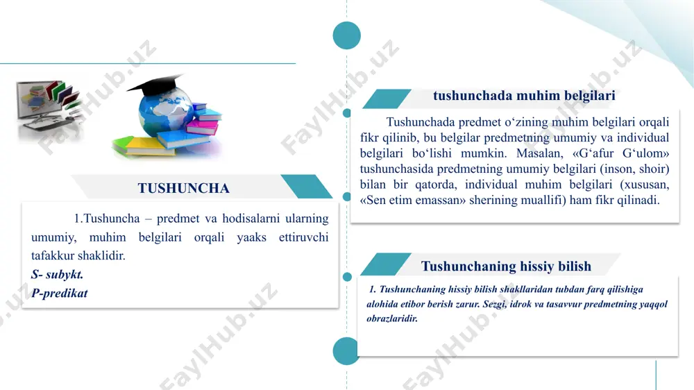 ”. “ba’zi jamiyat o‘z axloqiy normalariga ega.” bo‘ysunish munosabati sig‘ishadigan mulohazalardan mazmuni bir xil, hajmi turli xil bo‘lgan mulohazalar o‘rtasida bo‘ladi. “hamma o‘simliklar shofobaxshdir”. “ba’zi o‘simliklar shifobaxshdir”. mulohazalar o‘rtasidagi munosabatlar: birlashtiruvchi mulohazalar- ikki yoki undan ortiq, “ammo”, “lekin”, “biroq” kabi mantiqiy bog‘lovchilar «va» bog‘lovchisi yordamida tashkil topgan murakkab hukmlar (kon'yuktiv) deb yuritiladi. murakkab mulohazalar formal mantiq fanida quyidagi simvollar bilan ifodalanadi: p(q masalan, alisher navoiy va z.m. bobur o‘zbek mumtoz adabiyoti vakillaridir. ayiruvchi mulohaza deb “yo”, “yoki”, “yoxud” mantiqiy bog‘lovchilar vositasida bog‘langan oddiy mulohazalarga aytiladi. bu bog‘lovchilar ikki oddiy mulohaza, bir qancha predikatlar yoki bir qancha subyektlarni bir – biridan ayirib turadi. masalan: “ nodira ingliz tilini yoki, nemis tilini yoki ispan tilini o‘rganadi”. shartli mulohaza ikki oddiy mulohazaning “ agar… unda” mantiqiy bog’lovchi orqali birikishidan tashkil topadi. shartli mulohazaning mohiyatini aniqlash uchun “zaruriy va etarli shart” tushunchalarini farqlash zarur; masalan: “agar yomg‘ir yog‘sa, unda uylarning tomi ho‘l bo‘ladi”. 01 …