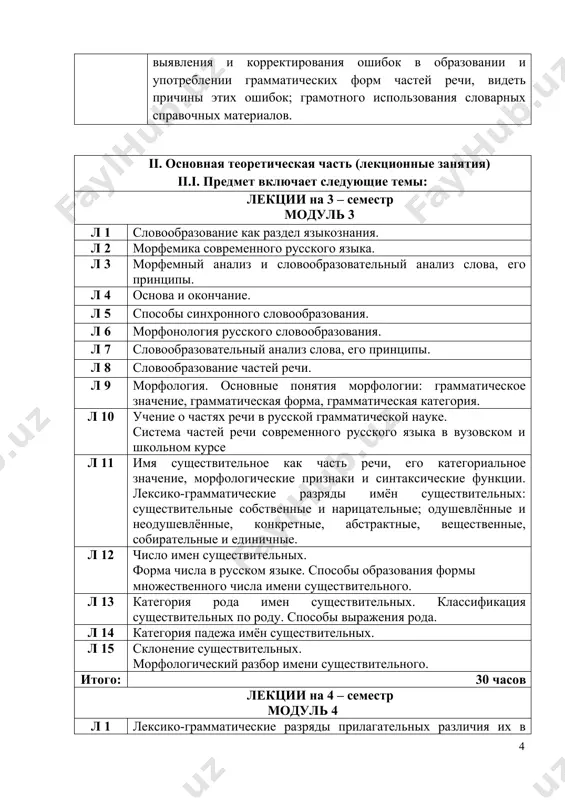 сико-грамматические разряды, грамматические категории, характер склонения; специфические категории и особые формы. л 4 местоимение: общая характеристика, лексико-грамматические разряды, грамматические категории, характер склонения; специфические категории и особые формы. л 5 соотносительность местоимений с другими частями речи и их классификация. л 6 глагол как часть речи категориальное значение, морфологические и синтаксические свойства. категории глагола. специфические глагольные категории и категории рода и числа в системе глагола. л 7 две основы глагола. классы глагола. спряжение глагола. изолированные глаголы. вид глагола как грамматическая категория л 8 категория времени глагола. л 9 категория наклонения глагола. залог как грамматическая категория. залог как грамматическая категория. л 10 спряжение глагола. изолированные глаголы. безличные глаголы. взаимодействие глагольных категорий. л 11 причастие. деепричастие. л 12 наречие как часть речи. наречие и категория состояния как неизменяемые знаменательные части речи русского языка. л 13 категория состояния. л 14 незнаменательные части речи. незнаменательные части речи, их состав, отличительные признаки, функции. служебные части речи. союзы. …