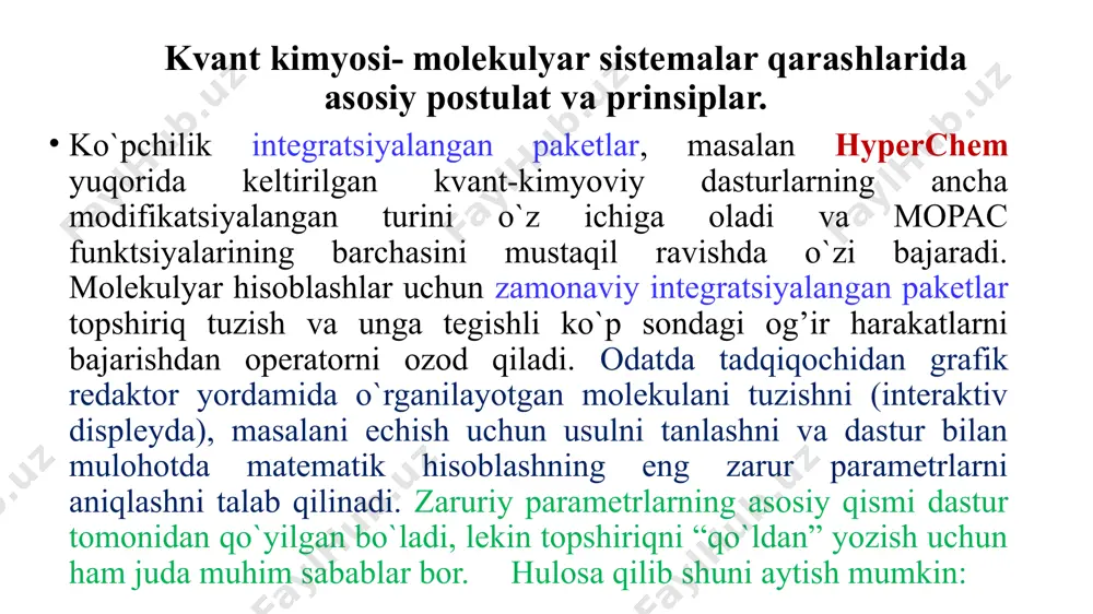 r orbital), ei bo`lsa uning energiyasini, ya`ni ichi orbitaldagi elektronning ionizatsiya potentsialini aniqlaydi. molekulaning boshqa xarakteristikalari boshqa tegishli operatorlar yordamida aniqlanadi. chem3d orqali bog'lanish uzunligini, bog'lanish tartibini va bog'lanish burchaklarini ko'rsatish va hisoblash dasstlab chemdraw dasturi orqali malekulaning sturukturasini chizib olamiz so’ngra chem3d 16.0 dasturini ochamiz selekt tugmasini belgilab atomlarni belgilab olamiz selekt tugmasini belgilab shift tugmasi bilan sichqonchani chap tugmasini bosgan holda atomlarni belgilab olamiz bog’lar orasidagi burchaklarni ko’rishimiz mumkin chem 3d da molekulyar dinamikani hisoblash shift bilan belgilab hichqonchani chap tugmasini bosing image1.png image2.png image3.png image4.jpeg image5.png image6.png image7.png image8.png image9.png image10.png image11.png image12.png image13.png image14.png image15.png image16.png image17.png image18.png image19.png image20.png image21.png image22.png image23.png image24.png image25.png image26.png image27.png image28.png image29.png image30.png image31.png image32.png /docprops/thumbnail.jpeg