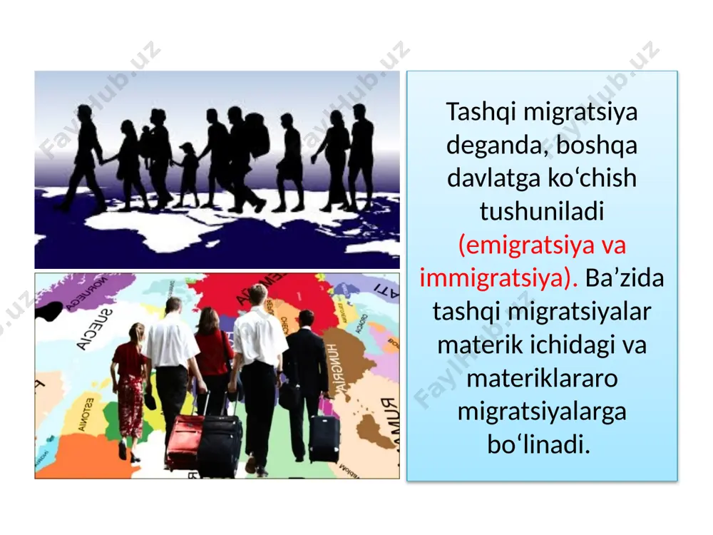 uriy migratsiya. 1. aholi migratsiyalari qanday mezonlar bo‘yicha qanday turlarga bo‘linadi? 2. dunyodagi eng yirik xalqaro migratsiya oqimlari qaysi davlatlarga yo‘nalgan? 3. qanday holatlarda davlat tashqi migratsiyaga nisbatan uni ma’lum yo‘nalishda o‘zgartirish yoki tartibga solish maqsadida maxsus siyosat olib borishi kerak, deb o‘ylaysiz? bu borada o‘z fi krlaringizni bildiring. © foydalanilgan adabiyotlar: sh. m. sharipov, v. n. fedorko, n. i. safarova , v. a. rafiqov– geografiya – o‘rta ta’lim muassasalarining 10-sinfi va o‘rta maxsus,kasb-hunar ta’limi muassasalarining o‘quvchilari uchun darslik , toshkent, «o‘zbekiston milliy ensiklopediyasi» davlat ilmiy nashriyoti, 2017/ www.eduportal.uz © internet manbalari: www.passion.ru www.eurasialaw.ru www.фонд-науки.рф www.vseovisah.ru www.fao.org www.russian.eurasianet.org www.migranty.org www.gazeta.ru www.migrant-gid.ru www.wikipedia.org www.visaapp.ru www.plov.press www.ia-centr.ru www.britannica.com © internet manbalari: www.instaforex.com www.tj.sputniknews.ru www.immigrantpartner.com www.berlek-nkp.com www.park72.ru www.eduportal.uz www.infourok.ru www.carnegie.ru www.regnum.ru www.topwar.ru www.russianemirates.com www.islam.ru www.ria.ru www.bbc.com © internet manbalari: www.rospersonal.ru www.centre1.com www.usatoday.com www.internationalstudies.ru www.dw.com www.immigrant.today www.thedailybeast.com www.berlek-nkp. www.pasporta.org © qambarov sirojiddin tomonidan to‘plandi va tartiblandi. xatolari bo‘lishi mumkin, tekshirib ko‘ring. telegram manzil: t.me/@geography_method …
