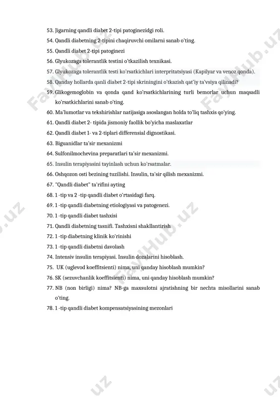 angan holda to’liq tashxis qo’ying. 61. qandli diabet 2- tipida jismoniy faollik bo’yicha maslaxatlar 62. qandli diabet 1- va 2-tiplari differensial dignostikasi. 63. biguanidlar ta’sir mexanizmi 64. sulfonilmochevina preparatlari ta’sir mexanizmi. 65. insulin terapiyasini tayinlash uchun ko'rsatmalar. 66. oshqozon osti bezining tuzilishi. insulin, ta'sir qilish mexanizmi. 67. "qandli diabet" ta'rifini ayting 68. 1 -tip va 2 -tip qandli diabet o'rtasidagi farq. 69. 1 -tip qandli diabetning etiologiyasi va patogenezi. 70. 1 -tip qandli diabet tashxisi 71. qandli diabetning tasnifi. tashxisni shakllantirish 72. 1 -tip diabetning klinik ko'rinishi 73. 1 -tip qandli diabetni davolash 74. intensiv insulin terapiyasi. insulin dozalarini hisoblash. 75. uk (uglevod koeffitsienti) nima, uni qanday hisoblash mumkin? 76. sk (sezuvchanlik koeffitsienti) nima, uni qanday hisoblash mumkin? 77. nb (non birligi) nima? nb-ga maxsulotni ajratishning bir nechta misollarini sanab o'ting. 78. 1 -tip qandli diabet kompensatsiyasining mezonlari