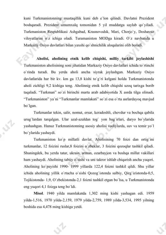 tonda salbiy, qirg`izistonda-0,5, tojikistonda- 1,9, o`zbekistonda-2,1 foizni tashkil etgan bo`lsa, u turkmanistonda eng yuqori 4,1 foizga teng bo`ldi. misol. 1940 yilda mamlakatda 1,302 ming kishi yashagan edi. 1959 yilda-1,516, 1970 yilda-2,159, 1979 yilda-2,759, 1989 yilda-3,534, 1995 yilning boshida esa 4,478 ming kishiga yetdi. mamlakatda aholi tabiiy o`sishining yuqoriligi birinchidan aholi zichligining tez ortib boripshini ta`minlayotgan bo`lsa, ikkinchidan mehnat resursining tez ko`payishiga uning bandlik darajasiga o`z ta`sirini ko`rsatmoqda bu yerda 1940 yilda har bir kv. km ga aholining ortacha zichligi 2,66 kishini tashkil qilgan bo`lsa, u 1959 yilda 3,10, 1970 yilda-4,42 1979 yilda-5,65, 1989 yilda-7,24 va 1995 yilda esa 9,17 kishiga teng bo`ldi biroq, mamlakatning ziroatchilik bilan shug`ullanadigan hududlarida aholi zichligi 200- 250 kishiga teng. ma`lumki, turkmaniston ssrning parchalanishi bilan birinchilar qatorida mustaqil taraqqiyot yo`liga tushib qolgan edi. u endilikda aholini moddiy va ma`naviy himoya qilish yo`lida dadil bormoqda. jumladan, prezident farmoni bilan mamlakat aholisi 1992 yildan boshlab ichimlik suvi, tabiiy …
