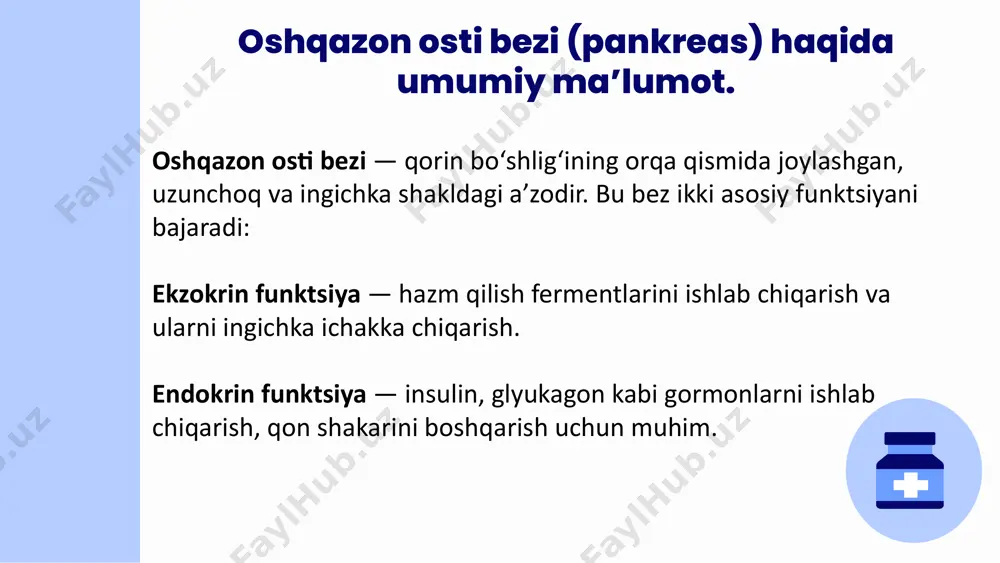 z ichiga olishi mumkin: tibbiy tarix va fizik testlat: to’liq tekshiruv simptomlar va xavf omillarini baholashga yordam beradi. instrumental tekshiruvlar: kompyuter tomografiyasi: kistlarning o’lchami va tuzilishi haqida batafsil ma’lumot beradi. mrt skanerlash: kistlarning o’ziga xos xususiyatlarini ajratib ko’rsatadi, potentsial saraton xavfini baholaydi. endoskopik ultratovush: batafsil tasvirlarni taklif qiladi va keyingi tahlil qilish uchun kistdan suyuqlik to’plash imkonini beradi. magnit-rezonans xolangiopankreatografiya (mrcp): ayniqsa, oshqozon osti bezi kanalidagi kistlarni kuzatish uchun foydalidir. davolash. oshqozon osti bezi kistalarini davolash usuli bir qancha omillarga, jumladan, turi, hajmi, xususiyatlari va simptomlar mavjudligiga bog’liq. tibbiy kuzatuv. psevdokistalar va seroz kistadenomalar kabi ko’plab yaxshi oqibatli kistalar darhol davolanishni talab qilmasligi mumkin. muntazam monitoring va kuzatuv yetarli bo’lishi mumkin, ayniqsa simptomlar bo’lmasa. drenajlash. noqulaylik tug’diradigan yoki hajmini oshiruvchi psevdokistlar uchun drenaj kerak bo’lishi mumkin. bu suyuqlikni ovqat hazm qilish trakti orqali yoki ba’zi hollarda teri orqali olib tashlash uchun endoskop yordamida amalga oshirilishi mumkin. davolash. jarrohlik usuli oshqozon …