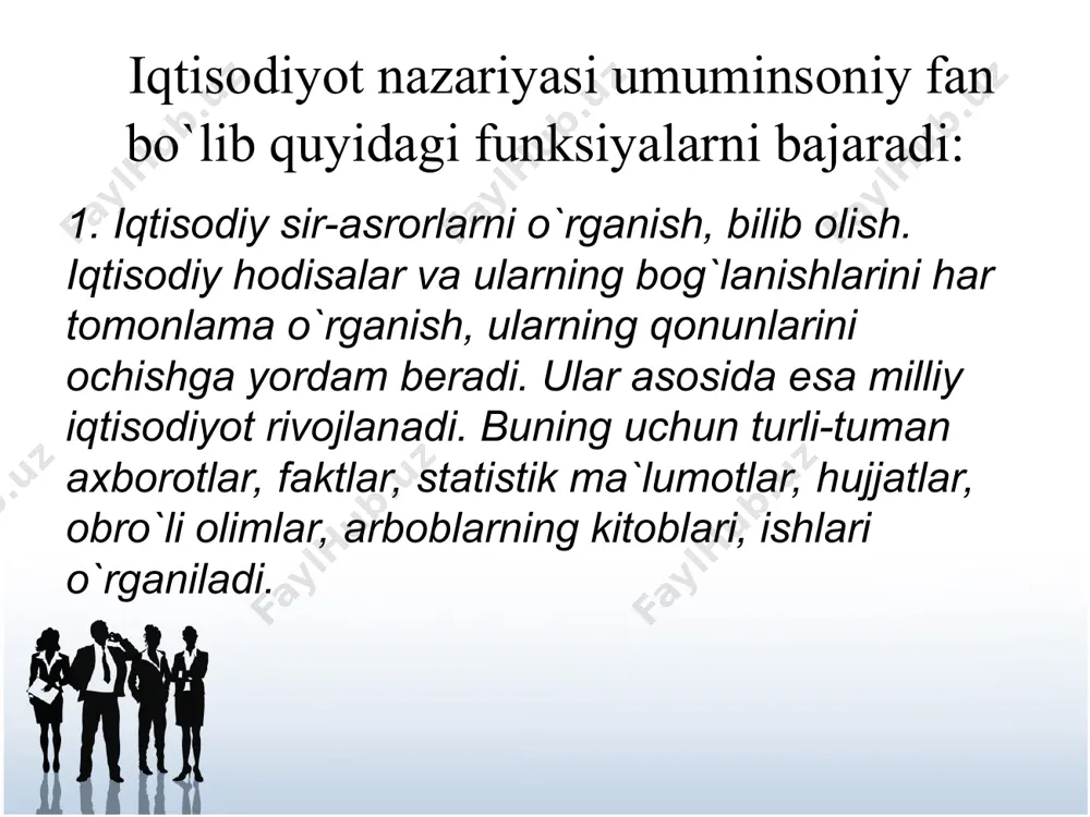 siyadir. iqtisodiy jarayonlarning mohiyati o’zgarishini o’rganishda mikroskoplardan, kimyoviy laboratoriyalardan foydalanib bo’lmaydi, bunda abstraktsiya kuchi ishga solinadi. ilmiy abstraktsiya usuli - tahlil paytida halal berishi mumkin bo’lgan ikkinchi darajali narsalar, voqea-qodisalarni fikrdan chetlashtirib, o’rganilayotgan jarayonning asl mohiyatiga e’tiborni qaratishdir. bu usul yordamida o’rganilayotgan voqea va hodisaning ichki, ko’zga ko’rinmaydigan mohiyati, uning asl mazmuni bilib olinadi. tahlil va sintez usuli. tahlil - bu o’rganilayotgan bir butunni alohida qismlarga ajratish va ularni izchillik bilan o’rganish. sintez - bu o’rganilgan qismlardan olingan xulosa va natijalarni bir butun yaxlit jarayon deb qarab umumiy xulosa chiqarishdir. murakkab iqtisodiy tizimlar ana shu yo’l bilan o’rganiladi, iqtisodiy tizim butunicha tasvirlab beriladi. mantiqiylik va tarixiylikning birligi usuli. iqtisodiyot nazariyasida tarixiylik dalili tarixiy rivojlanish nuqtai-nazaridan tadqiqot olib borish zarurligini taqozo qiladi. chunki iqtisodiy jarayonlar tarixiy jarayon sifatida rivojlanadi. mantiqiylik usulida jarayonlar faqatgina tarixiy nuktai-nazardan emas, shu bilan birga asosiy ichki zarur qonuniy bog’lanishlar bo’yicha ham tahlil qilinadi. makroiqtisodiy va mikroiqtisodiy …
