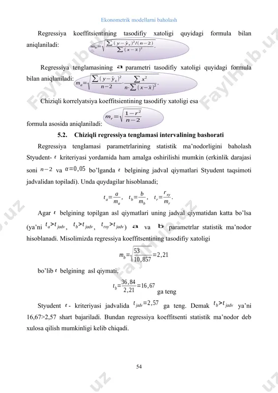 mkinligi kelib chiqadi. parametrning tasodifiy hatoligi ham xuddi shu tartibda baholanadi. chiziqli korrelyatsiya koeffitsentining tasodifiy xatoligini baholashda sharoitdan foydalanamiz. misolimiz ma’lumotlaridan foydalanib qiymatni topamiz. ushbu holatda ham sharti bajariladi, yani 16,73>2,57. natijalar qurilgan chiziqli regressiya tenglamasi va uning parametrlari ma’nodor ekanligini ko’rsatadi. regressiya tenglamasi parametrlarining topilgan qiymatlaridan foydalanib va parametrlarning ishonchlilik intervallarini topish mumkin. ular uchun ishonchlilik intervali quyidagicha aniqlaniladi: . misolimizda regressiya koeffitsienti uchun ishonchlilik intervali 36,84 ± 2,57·2,21 = 36,84 ± 5,68, 31,16 ≤ b ≤ 42,52. regressiya tenglamasi asosida bashorat qilinganda tenglamaga o’zgaruvchining bashorat qiymati qo’yilib o’zgaruvchining bashorat qiymati hisoblanadi. regressiya tenglamasida qatnashuvchi parametrlar va o’zgaruvchilarda tasodifiy xatoliklar mavjud bo’lganligi sababli natijaviy belgining bashorat qiymatida ham tasodifiy xatolar mavjud va bashorat qiymati ham ma’lum bir intervalda o’zgaradi. shuning uchun ekonometrik tadqiqotlarda natijaviy belgining tasodifiy xatoligi qiymatini va uning ishonchlilik intervalini hisoblab topish taqozo etiladi. bashoratlashdagi o’rtacha xatolik quyidagi formula yordamida hisoblanadi: bu erda: - qoldiq dispersiya. ishonchlilik …