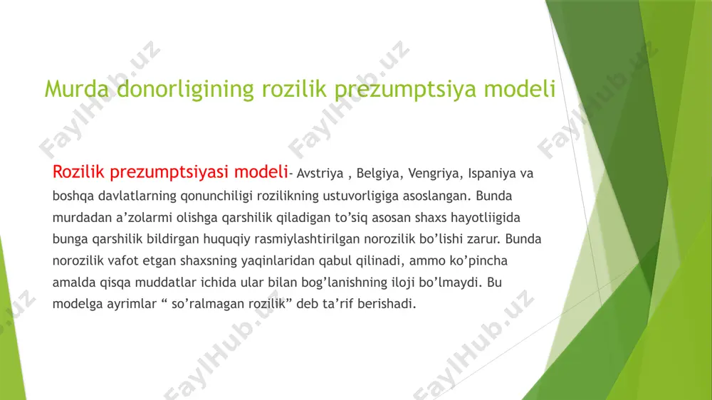 ndashuv printsipi, kollegiallik printsipi va jamoalarning moliyaviy va tashkiliy mustaqilligi printsipi. 8. organ donorlarini ajratish ustuvorligi ayrim guruhlarning afzalliklarini aniqlash va maxsus mablag 'bilan belgilanmasligi kerak . 9. donor organlarni taqsimlashda uchta mezon hisobga olinadi: donor-qabul qiluvchi juftligining immunologik muvofiqligi, oluvchining ahvoli og'irligi va ketma-ketligi. 10. himoyalanmagan va o'ta og'ir holatlarda odamlarning kontingenti: uysizlar, psixiatriya klinikalari bemorlari, bolalar, iqtisodiy jihatdan qoloq mamlakatlar rezidentlaridan foydalanish ma'naviy jihatdan nomaqbul. image1.jpg image2.jpeg image3.jpeg