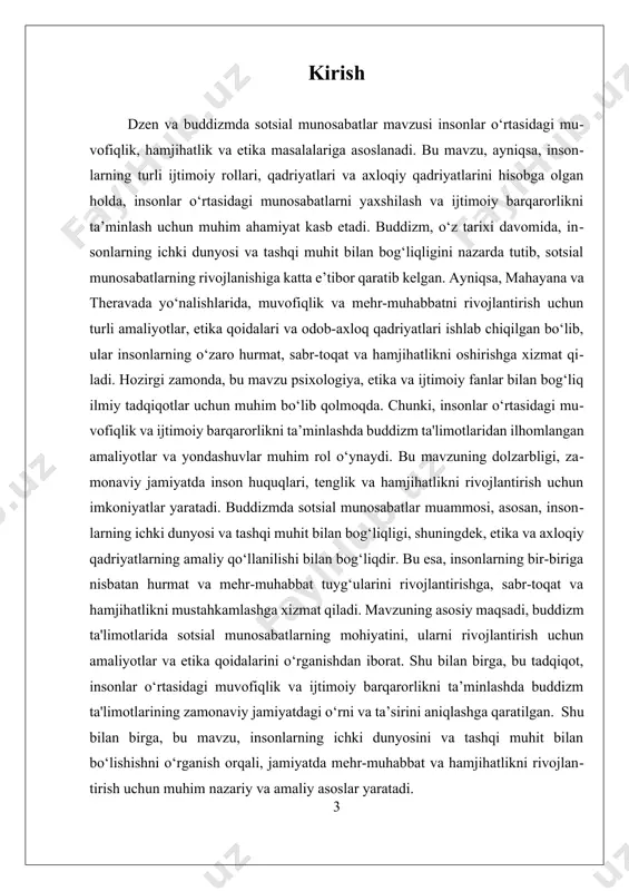 ddizmi ayniqsa, amaliyot va fikrlash usullari orqali insonlarning ichki dunyosini boyitishga qaratilgan. dzen ta'limotlarida, ayniqsa, muvofiqlik va hamjihatlikni rivojlantirish uchun, insonlarning o‘zaro hurmat va sabr-toqat bilan munosabatda bo‘lishi muhimdir. bu amaliyotlar, masalan, meditatsiya va ongni rivojlantirish texnikalari, insonlarni o‘zaro mehr-muhabbat va tushunishga chaqiradi. shuningdek, buddizmda etika va axloqiy qadriyatlarning amaliy qo‘llanilishi orqali, insonlar o‘rtasida ijobiy aloqalar o‘rnatish mumkin. bu esa, nafaqat shaxsiy ruhiy rivojlanishga, balki ijtimoiy muhitdagi muvofiqlik va barqarorlikka ham xizmat qiladi. hozirgi zamonda, buddizm qadriyatlari, ayniqsa, psixologiya va ijtimoiy fanlar sohasida keng muhokama qilinmoqda. ushbu qadriyatlar insonlarning o‘zaro muvofiqligini ta'minlashda, tenglik va hamjihatlikni rivojlantirishda muhim rol o‘ynaydi. ular, shuningdek, inson huquqlari va erkinliklarini hurmat qilish, jamiyatdagi ijtimoiy adolat va barqarorlikni ta’minlash uchun asos bo‘lib xizmat qiladi. buddizmda sotsial munosabatlarni rivojlantirish uchun ishlab chiqilgan amaliyotlar va yondashuvlar, zamonaviy jamiyatda ham, insonlar o‘rtasida muvofiqlik va hamjihatlikni mustahkamlash uchun muhimdir. bu qadriyatlarning amalda qo‘llanilishi, insonlarning o‘zaro tushunishi va hamjihatlikni rivojlantirishda muhim …