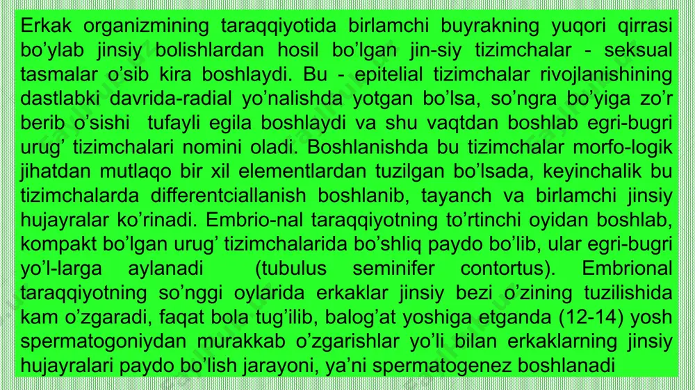 qarishda va homilani tushirish (abort) da foy-dalaniladi. prostoglandinlar yurak qisqarish kuchiga va chasto-tasiga ta’sir qilibgina qolmay, buyrakda renin ishlanishini va ionlar reabsorbtciyasi hamda arteriya qon bosimining boshqa-rilishi kabi fiziologik jarayonlarda ishtirok etadi. sariq tananing tuzilishi va uning tciklik o’zgarishlari. etilgan pufaksimon follikul yorilganidan so’ng uning donador qavati va biriktiruvchi to’qimali qobig’i (theca folliculi) saq-lanib qoladi. uning devorlari burishib, bo’shlig’i esa ovulyatciya vaqtida yorilgan qon tomirlardan chiqqan qon bilan to’ladi. ho-sil bo’lgan qon ivindisi tezda biriktiruvchi to’qima bilan al-mashinadi, natijada, bo’lg’usi sariqlik tana markazida birik-tiruvchi to’qimali chandiq hosil qiladi. shunday qilib, ovulya-tciyadan so’ng follikul o’rnida yangi tuzilma-sariq tana rivoj-lana boshlaydi. urug’lanish bo’lish-bo’lmasligidan qat’i nazar sariq tana ri-vojlanishida ma’lum davrlar sodir bo’ladi. odatda, 4 bosqich farqlanadi: 1. proliferatciya va vaskulyarizatciya davri. 2. bezli metamorfoz davri. 3. gullash yoki ravnaq topish davri. 4. aks taraqqiyot davri. birinchi davr - proliferatciya va vaskulyarizatciya davri so-biq donador qavat epiteliysining ko’pashshi va uning orasiga (theca interna) …