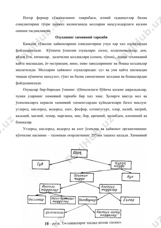 ичан, сомон, тўпон, - 15-20%, кўк ўт ва силос – 60-85%, илдизмевалилар – 80-92%, барда, жом, мезгадек сувли озуқалар – 90-95% сувдан ташкил топган. озуқада сув қанчалик кўп бўлса унинг тўйимлилиги паст ва уни сақлаш шунчалик қийин. қуритилгандан сўнг нусханинг қолдиқи бу қуруқ модда, минерал (кул), ва органик моддаларга ажратилади. ёнмаган қолдиқ кул дейилади, унинг бош элементлари натрий, кальций, калий, фосфор, темир ҳисобланади. ўсимлик озуқаларда кул 5% дан кам ва ўсимликларда у текис эмас: ўсимлик барги ва поясида дон ва илдизлардагига қараганда 2 дан зиёдроқдир, илдиз ва тугунакларда кальций ва фосфор кам, уруғлар ва донларда фосфор кўп, кальций оз, донда – минерал қисми кўпинча пўстда жойлашади, шунинг учун ҳам кепакда кул моддалар унга нисбатан кўпроқдир. дуккакли экинлар (нўхат, беда ва бошқалар),, минерал моддалар, айниқса кальций бошоқли дон экинларида анча зиёд. мол танаси айнан ўсимликлардаги элементлардан ташкил топган, лекин уларнинг нисбати бошқача. минерал моддалар мол танасига ўта керак, чунки улар барча …
