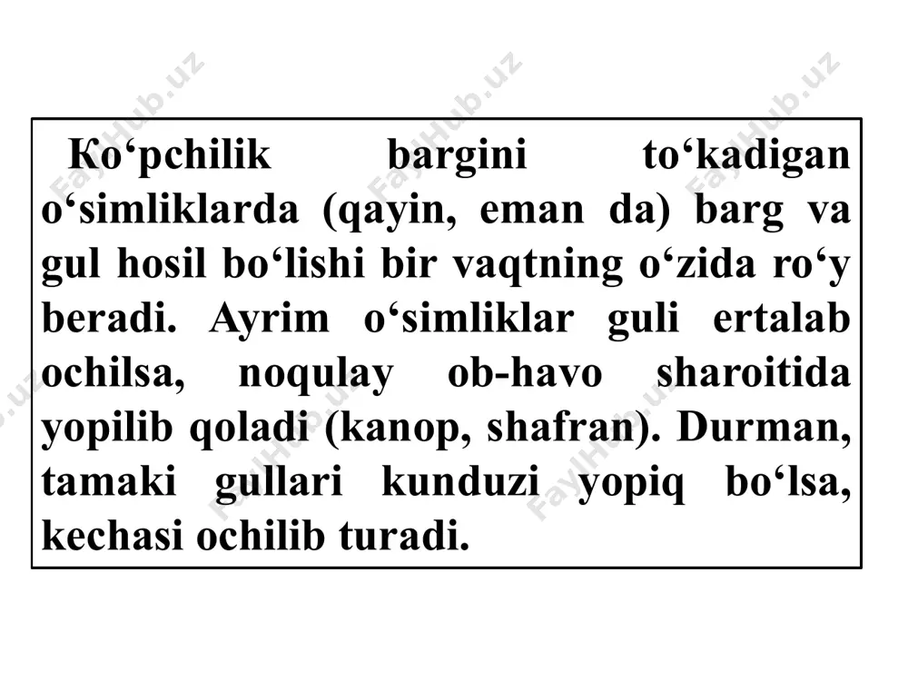 asalan: grechixa, xina daraxtida. changning unish qobiliyatini saqlashi turli o‘simliklarda turlichadir. masalan: shoyigulning changchisi 60-65 kun, optimal sharoitda saqlansa 140 kundan keyin ham una oladi. lola, pion changchi 65 - 150 kun, smorodinada 35 - 117, olma, nokda 70 - 210, olchada 30 - 100, olxo‘rida 180-220, kungaboqar 100 kun palma changchi 10 yil hayotini saqlay oladi. g‘allaguldoshlar oilasi vakillari 2 kun, makkajo‘xorida 1 - 2 kun, grechixada 7-10 kun, chang donachasini hayot kechirishi aniqlangan. gibridlash -deb turli tur, navdagi o‘simliklarni chatishtirish asosida olingan naslga aytiladi. gibrid urug‘dan o‘stirilgan o‘simliklar gibrid o‘simlik deyiladi. gibrid o‘simliklarni tabiiy va sun’iy yo‘l bilan hosil qilishi mumkin. tabiiy gibridlash o‘simliklarning tabiiy chatishishi asosida ro‘y bersa, sun’iy chatishtirish inson faoliyati ishtirokida amalga oshiriladi. hozirgi vaqtda sun’iy chatishtirish asosida 100 lab madaniy o‘simliklar yaratilgan. urug‘lanish jarayoni, gulli o‘simliklarda murakkab jarayonlar qatoriga kirib changlanish jarayonidan keyin ro‘y beradi. otalanish jarayoni erkak va urg‘ochi gametalarining bir biri bilan …