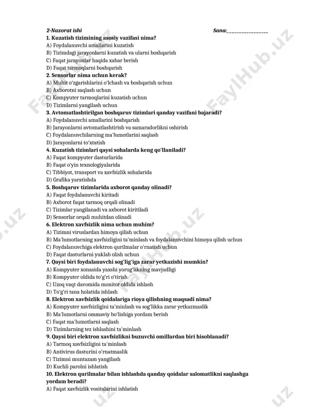 masligi d) texnik vositalarning buzilishi 12. qaysi faktor raqamli tengsizlikka ta’sir qiluvchi omil hisoblanadi? a) internet va kompyuterga kirish imkoniyati yo‘qligi b) texnologiyalarning barcha joyda mavjudligi c) faqat zamonaviy texnologiyalardan foydalanish d) kompyuter malakasining oshishi 13. raqamli tengsizlikni kamaytirish uchun nima qilish kerak? a) har bir kishini texnologiyalar bilan ta'minlash va ularni foydalanishni o‘rgatish b) faqat rivojlangan davlatlarda texnologiyalarni yaxshilash c) texnologiyalardan faqat davlat korxonalarida foydalanish d) texnologiyalarni to‘xtatish 14. raqamli tengsizlikning qanday salbiy oqibatlari bo‘lishi mumkin? a) foydalanuvchilarning texnologiyalarni keng o‘rganishi b) texnologik jihatdan taraqqiy etmagan jamiyatlar rivojlanishining sekinlashishi c) tizimlarning kuchayishi d) internet tezligining oshishi 15. qaysi biri raqamli tengsizlikni hal etishga yordam beradi? a) faqat texnologiyalarni rivojlantirish b) texnologiyalardan foydalanishni to'xtatish c) foydalanuvchilarning texnologiyalarni o‘rganmasligi d) jamiyatlarda texnologiyalarga teng kirish imkoniyatini ta'minlash savol 1 2 3 4 5 6 7 8 9 10 11 12 13 14 15 javob 3-nazorat ishi sana:_________________ 1. tarmoq kompyuterlari birinchi marta …