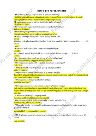 psixologiya savol javoblar — DOCX