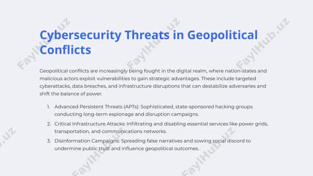 elp define acceptable behavior in the digital space and provide frameworks for conflict resolution. strengthening global institutions empowering international bodies to monitor, investigate, and respond to geopolitical cyber incidents is crucial for maintaining stability. 7 ethical considerations in geopolitical digitization as geopolitical power increasingly shifts toward the digital realm, profound ethical questions arise. how can we ensure the preservation of human rights, privacy, and democratic values in this new landscape? responsible governance and international collaboration are crucial to mitigate the risks of malicious digital interference. balancing national security needs with individual liberties is a delicate challenge. ethical use of emerging technologies, such as ai and surveillance tools, must be carefully regulated to prevent abuse and protect vulnerable populations. transparency and accountability are essential to upholding the principles of an open, just, and stable global order. 8 preparing for future geopolitical cyber threats threat monitoring maintain vigilant cyber threat intelligence to …