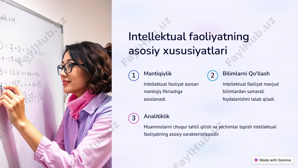 hqalar bilan faol muloqot va fikr almashish fikrlash doirasini kengaytiradi. https://gamma.app/?utm_source=made-with-gamma intellekt va kreativlikni birlashtirib qo'llash kreativlik yangi g'oyalarni yaratish va muammolarni noan'anaviy yechish. intellekt mantiqiy fikrlash, bilimlarni qo'llash va muammolarni chuqur tahlil qilish. yutug'i intellekt va kreativlik birlashganda yanada samarali va barqaror yechimlar topiladi. https://gamma.app/?utm_source=made-with-gamma
