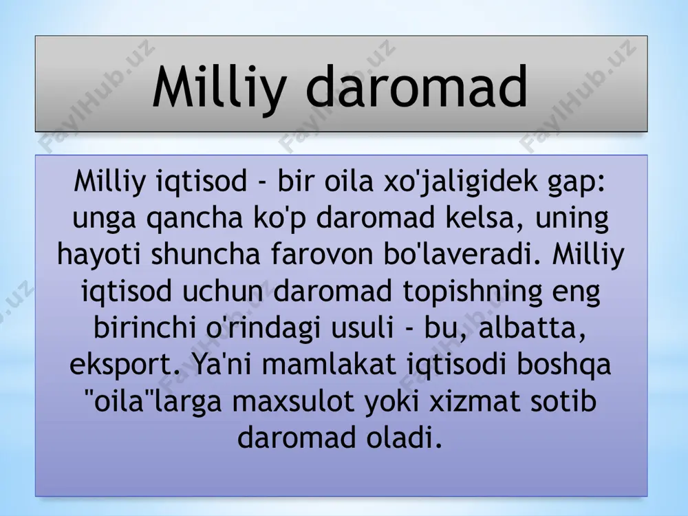 opishimiz uchun katta ishlar qilinyapti. yalpi milliy maxsulot yalpi milliy maxsulot (yamm)- millliy xoʻjaliklarda bir yil davomida vujudga keltirilgan va bevosita isteʼmolchilarga borib tushishi mumkin boʻlgan tayyor prirovard maxsulot va xizmatlarning bozor bahosidagi qiymatidan iborat boʻladi. yamm milliy iqtisodiyotda yil davomida ishlab chiqarilgan barcha pirovard mahsulot (xizmatlar) ning bozor baxolaridagi summasi. 5 yalpi milliy mahsulot (daromad) — (yamm yoki yamd) mamlakatning maʼlum muddat (odatda, oy, kvartal, yil) ichida umumiy iqtisodiy faoliyatini tavsiflovchi yakuniy makroiqtisodiy koʻrsatkichlaridan biri. yamm davlatning bozor narxlarida ifodalangan barcha birlamchi daromadlari (ularning mamlakat hududida yoki uning tashqarisida ishlab chiqarish omillari tufayli yuzaga kelishidan qatʼi nazar) jami yigʻindisini koʻrsatadi. yamm milliy hisoblar tizimi asosida hisoblanadi. milliy ishlab chiqarishning yalpi xajmini toʻgri hisoblab chiqarish uchun, mazkur yilda ishlab chiqarilgan barcha mahsulot va xizmatlar bir marta xisobga olinishi zarur. yamm xajmini topishda sotilgan va qayta sotilgan maxsulotlarni koʻp marta xisobga olishlarni bartaraf qilish uchun, xalq xoʻjaligining barcha barcha tarmoqlarida yaratilgan …