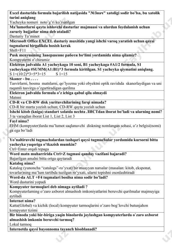 dagi harakati harakatlanadigan qo‘lning markaziy holatidan masofasi bilan o‘lchanadi. bu qanday qurilma? jyostik elektron nurli trubkada(crt asosida)ishlovchi monitorlar qanday monitorlar deb ataladi? ent monitorlari suyuqlik bilan ishlovchi suyuq kristalli displey qatlami bilan ajratilgan ikkita plastinka shishadan iborat monitorlar bu- …..? skd displayerlar siyoh bosib chiqarish kallakchasidan foydalanadigan chop etish qurilmasi nima deb ataladi? purkachli printerlar har qanday ta’minot yoki tarqatish muhitida ishlash uchun qurilgan, mustahkam va ishonchli chop etish qurilmasi qanday nomlanadi? terma printerlar kiritish qurilmasi . . . uchun mo'ljallangan axborotni kompyuterga kiritish uchun protsessor va operativ xotira o‘rtasida joylashgan tezkor xotira nima deb ataladi? kesh xotira 1 gbayt = ? 1024-mbayt=1073741824bayt (2³°) elektron jadvalda a1:a5 yacheykalar ajratilgan. ajratilgan yacheykalar soni nechta? 5 ta disklarda xotira mikrosxemalari ishlatiladi va aylanuvchi elementlar yo‘qligi sababli bunday disklar umuman shovqinsiz bo‘lib, kam energiya sarflaydi. bu qanday disklar? ssd birlamchi ichki xotiraga qaysi qurilmalar kiradi? cpu, ram va rom excel dasturida formula bajarilish …