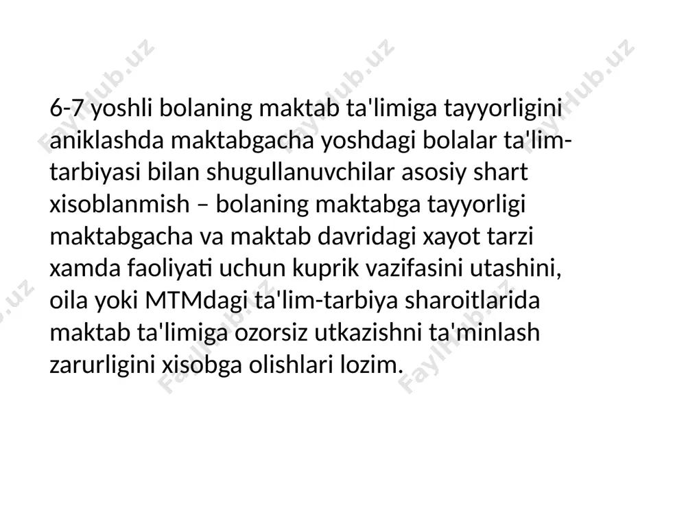 shni kamrab oladi. bolani maktabga maxsus ravishda tayyorligi maktabda ukishga umumiy psixologik tayyorligiga kushimchadir u bolada matеmatika va ona tili kabi ukuv fanlarini urganish uchun zarur bulgan maxsus bilim, kunikma va malakalarning mavjudligiga kura aniklanadi. mtmda bolalarda eng oddiy matеmatika tasavvurlarini tarkib toptirish, nutkni ustirish xamda savodni egallashga tayyorlanish yuzasidan utkaziladigan jadal ish bolalarni maktabda ukishga maxsus tayyorlashning zarur darajasini ta'minlaydi maktabga katnaydigan bola yangi turmush tarziga kishilar bilan uzaro munosabatning yangi sistеmasiga, faol akliy faoliyatga tayyorlangan bulishi darkor. u yangi jiddiy majburiyatlarni uddalashi uchun jismoniy rivojlanishda muayan darajaga erishgan bulishi kеrak. bolaning maktabda (ukishga axlokiy-irodaviy tayyorgarlik) umumiy tayyorligi mazmunida bir nеcha uz aro boglangan jixatlar mavjud bulib, ulardan muximlari ma'naviy, irodaviy, akliy, jismoniy tayyorgarlikdir.